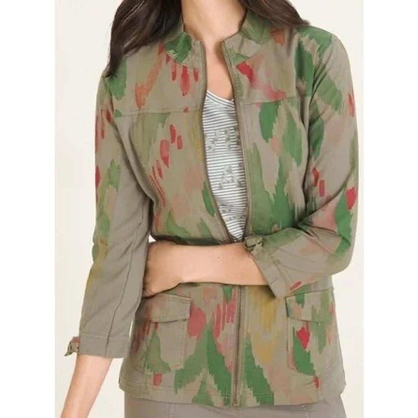 Chicos Chico's Zenergy Ikat Utility Camo 3/4 Sleeves Jacket Size 3 Size XL / US 12-14 / IT 48-50 - 2 Thumbnail