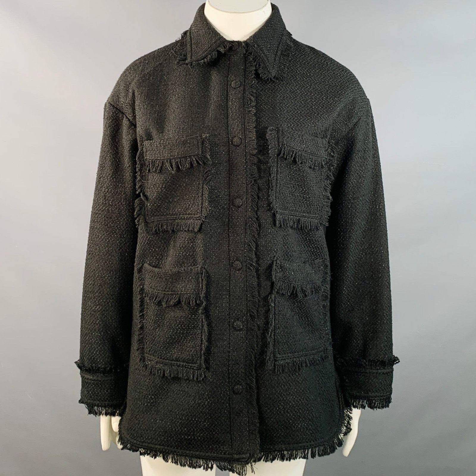 APPARIS Size XL Black Polyester Tweed Patch Pockets Fringed Coat Size XL / US 12-14 / IT 48-50 - 1 Thumbnail