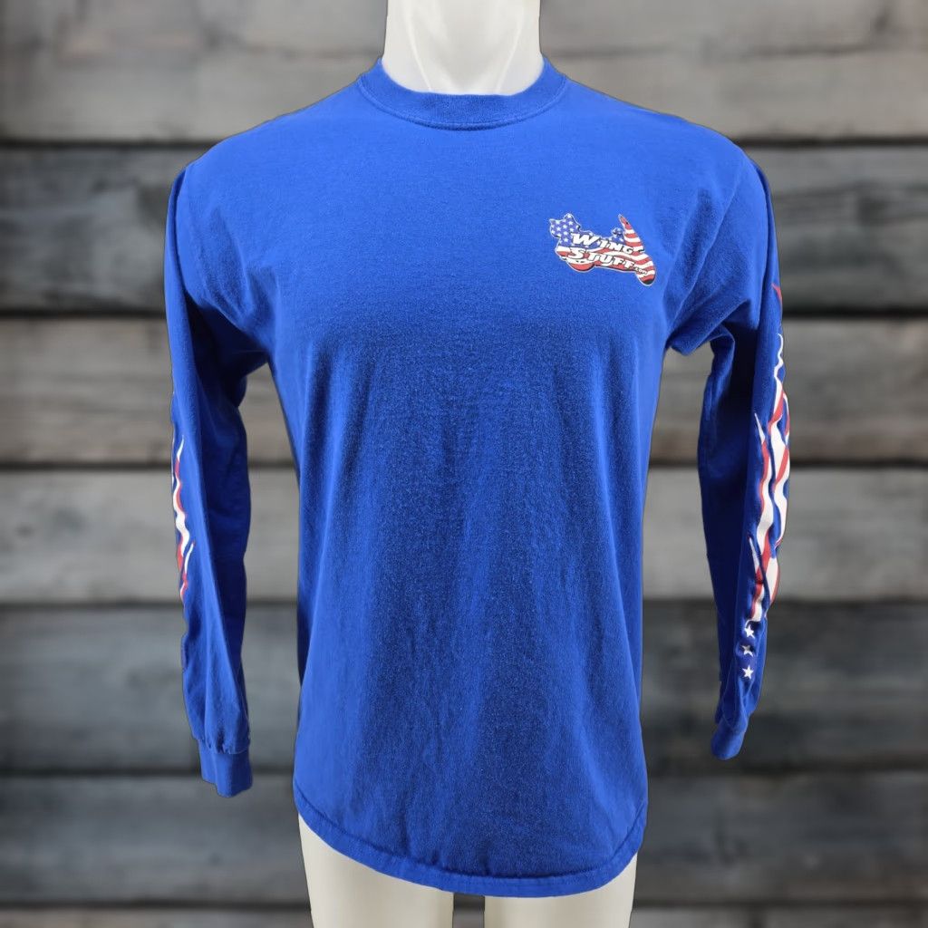 Gildan Gildan Ultra Cotton Wing Stuff Biker Long sleeve Tee Blue Size M USA Flame Sleeves T‑Shirt Men Regular Fit Adults Mens Size US M / EU 48-50 / 2 - 1 Thumbnail