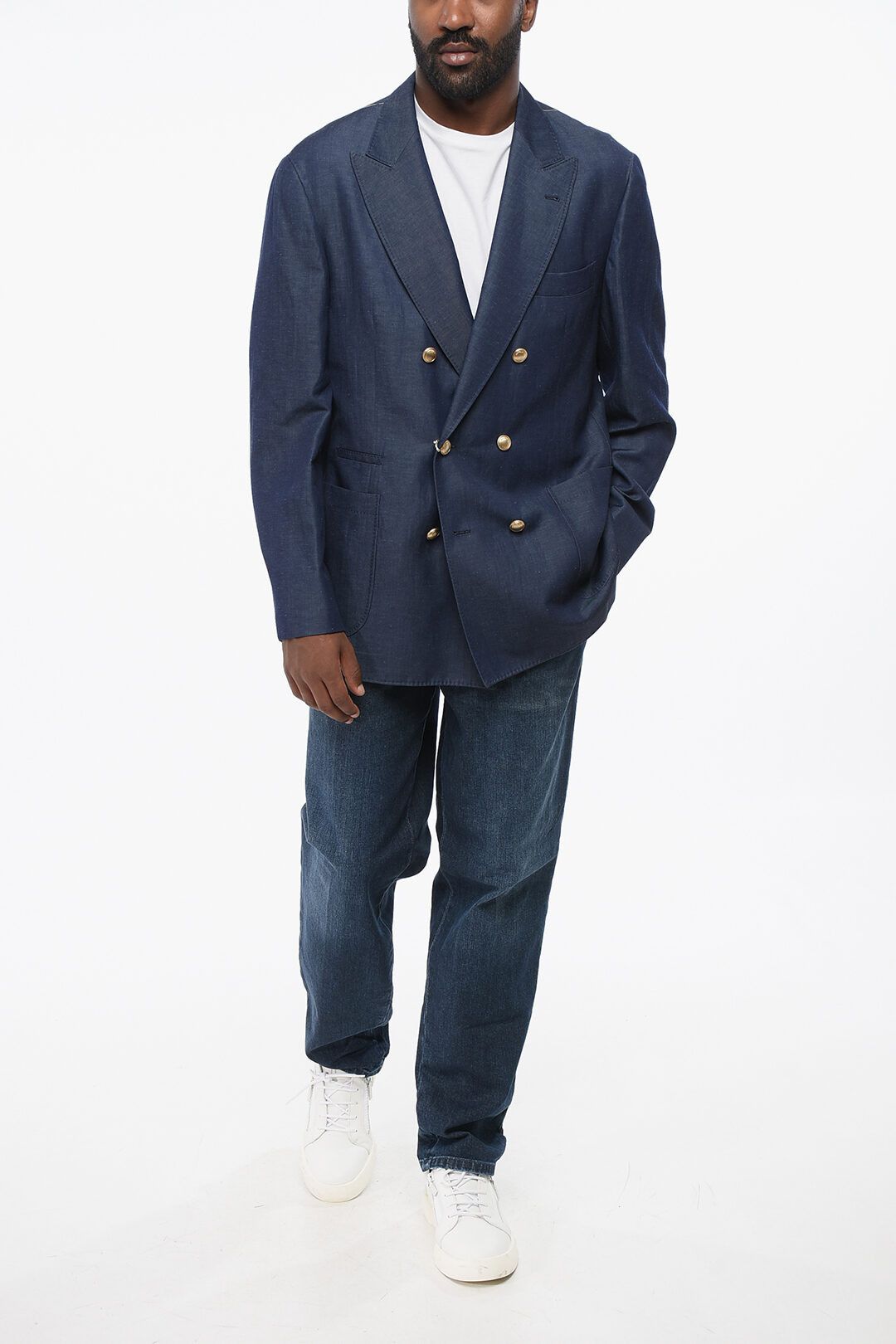 Brunello Cucinelli og1mm0725 Double-breasted Linen Blend Blazer in Blue Size US XL / EU 56 / 4 - 4 Thumbnail