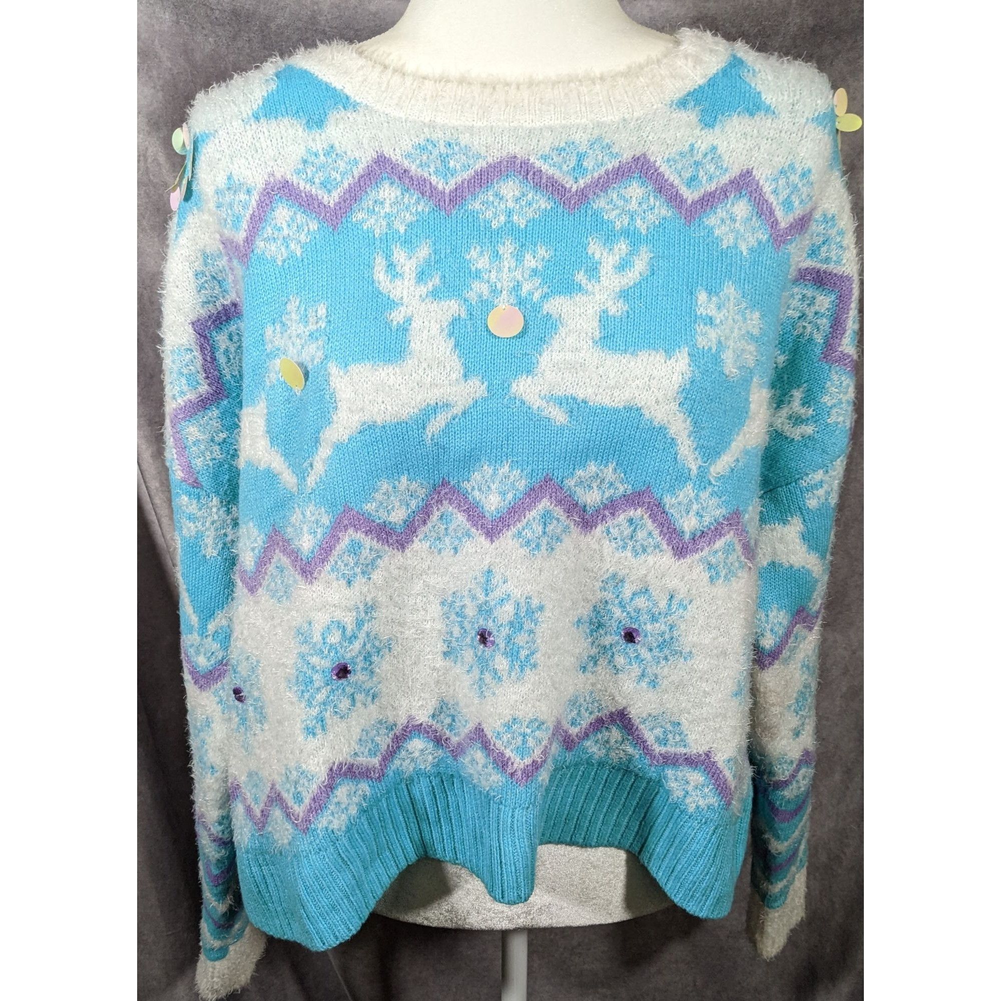 Other 33 Degrees Retro Sequin Reindeer Blue And White Holiday Swea Size XL / US 12-14 / IT 48-50 - 5 Thumbnail
