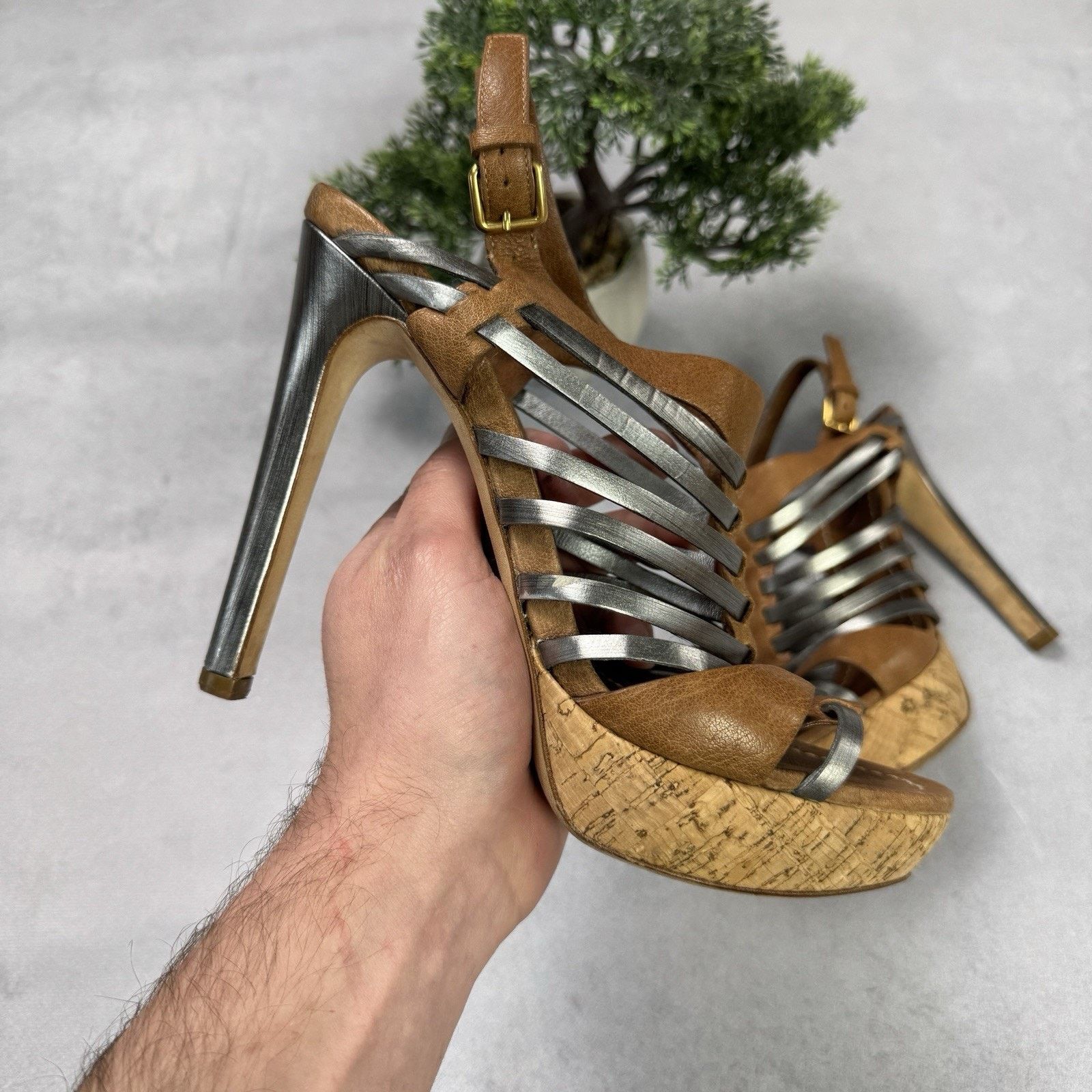 Miu Miu Miu Miu Platform Strappy Brown/ Silver Heels Sandals Size US 8.5 / IT 38.5 - 1 Thumbnail