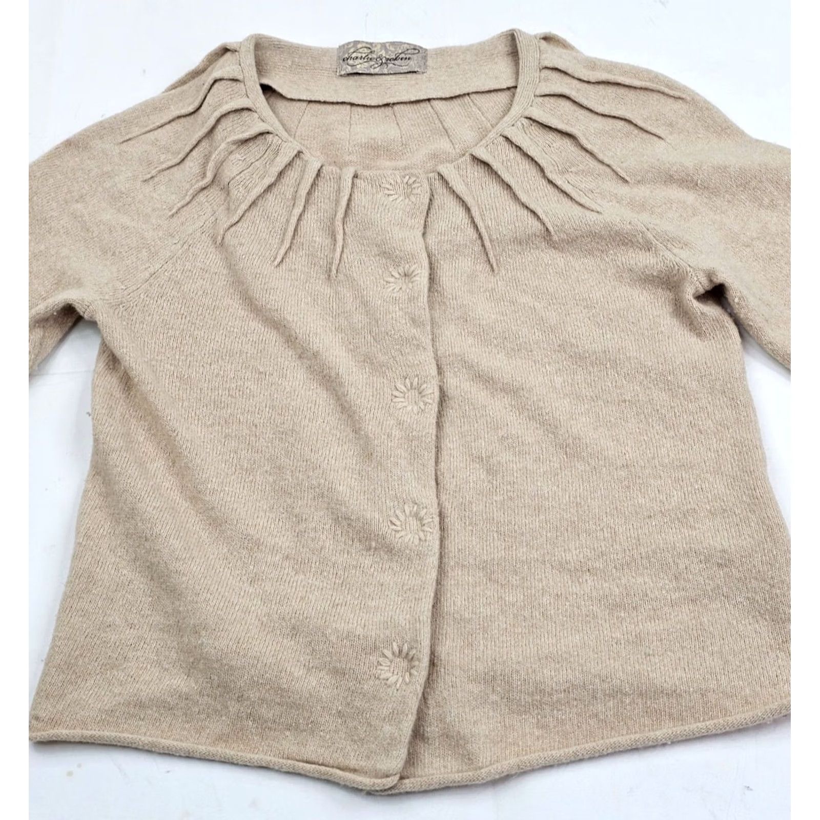 Vintage Charlie & Robin Cardigan Women XS Beige Wool Rabbit Hair Cashmere Blend Snap Button V-Neck Long Sleeve Sweater Size XS / US 0-2 / IT 36-38 - 4 Thumbnail