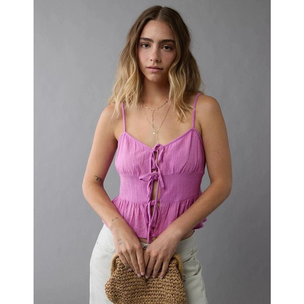 American Eagle Outfitters NEW American Eagle Crop Top Tie Front Camisole Pink Medium Size M / US 6-8 / IT 42-44 - 3 Thumbnail