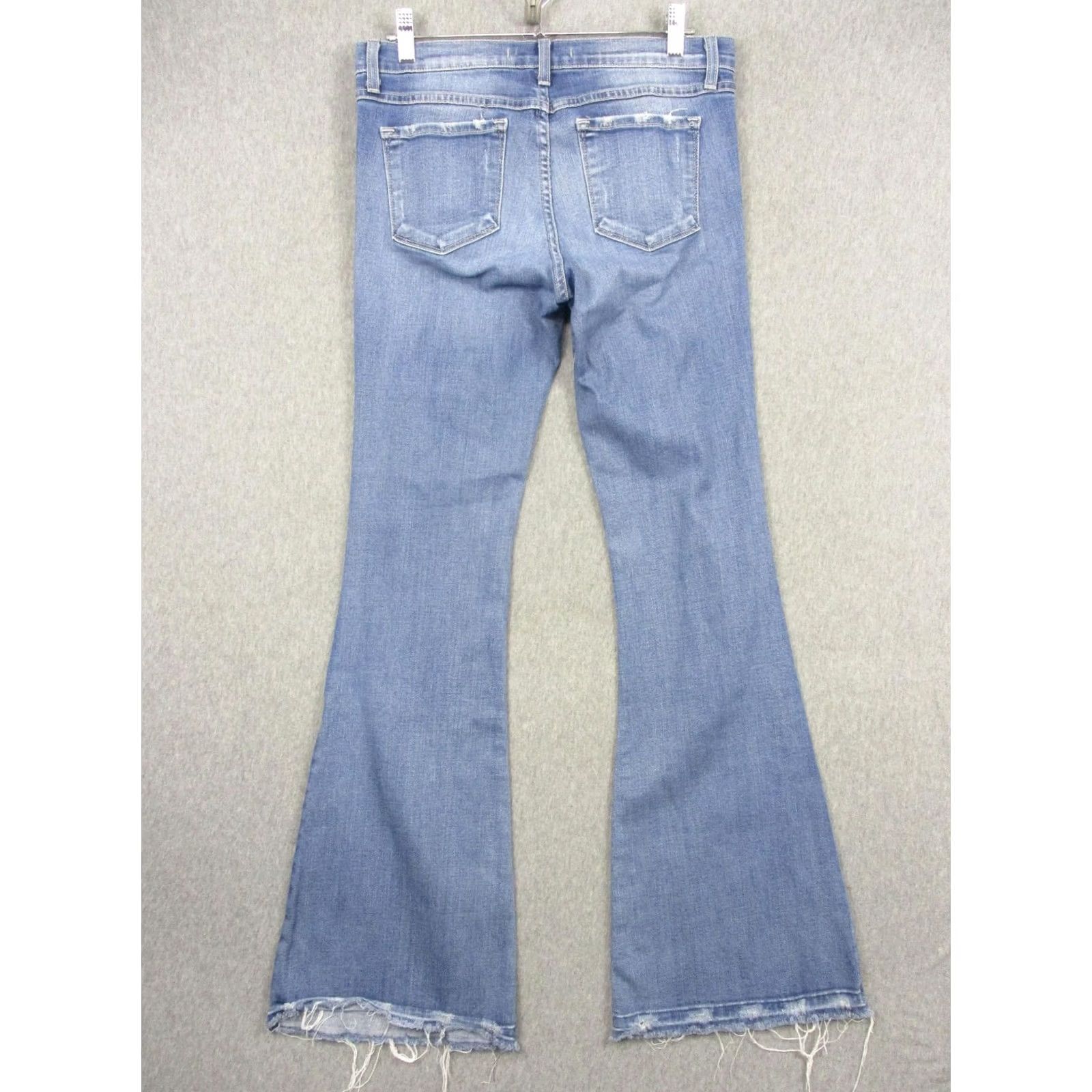 Vintage Flying Monkey Jeans Womens 29 Blue Medium Wash Low Rise Flare Distressed Frayed Size 29" - 6 Thumbnail