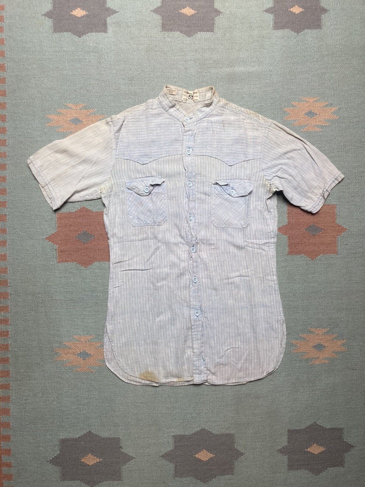 Vintage VTG 70s button shirt cotton chambray thin collarless large Size US L / EU 52-54 / 3 - 1 Thumbnail