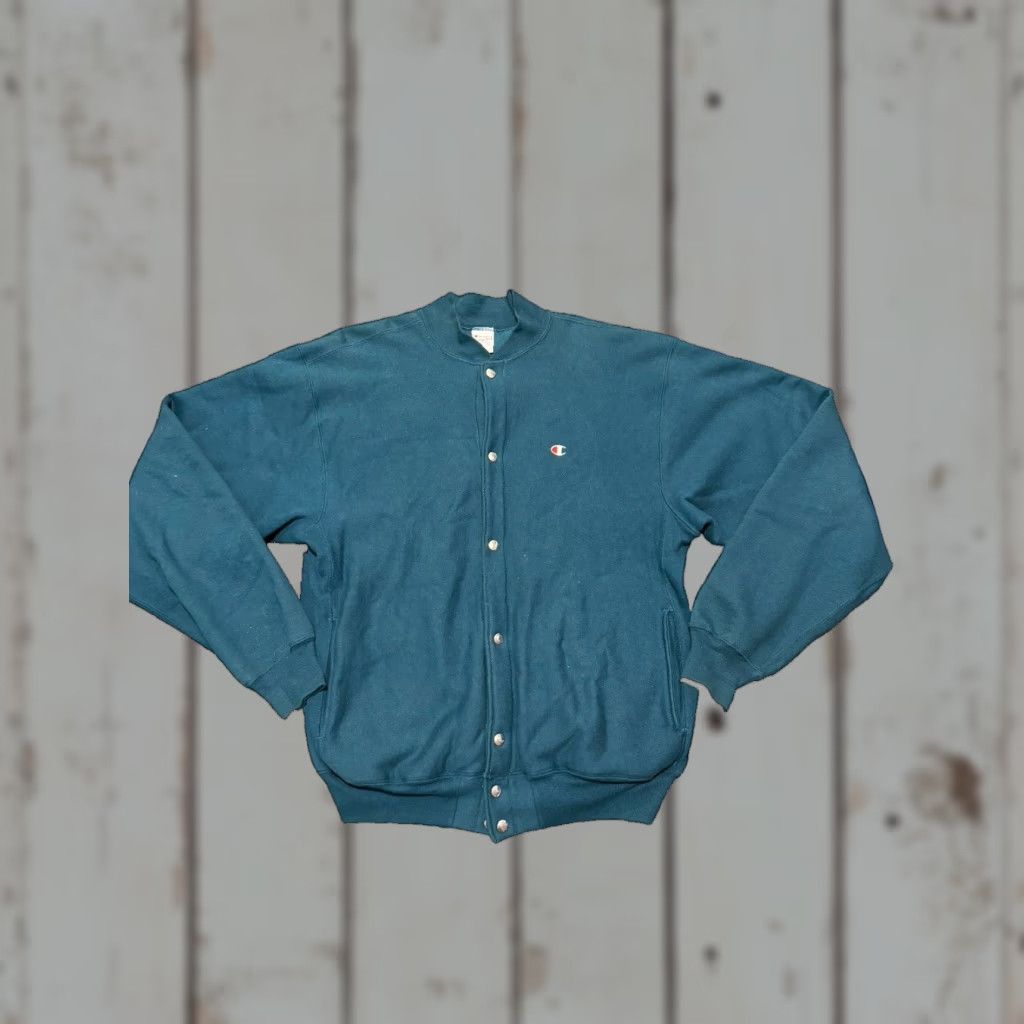 Champion VINTAGE Champion Reverse Weave Snap Front Cardigan Warm Up Jacket L/XL Teal 90s Mens Cardigan Snap Front Reversible Warm Up Jacket Size US L / EU 52-54 / 3 - 1 Thumbnail