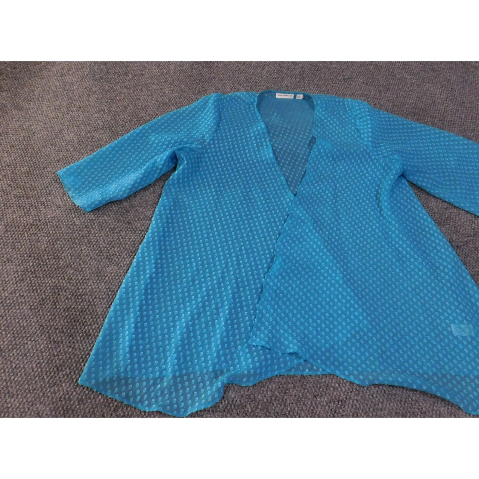 Vintage Susan Graver Blouse Kimono Cardigan Womens L Blue 3/4 Sleeve Sheer Open Front Topper Polka Dot Lightweight Open Front Size L / US 10 / IT 46 - 3 Thumbnail