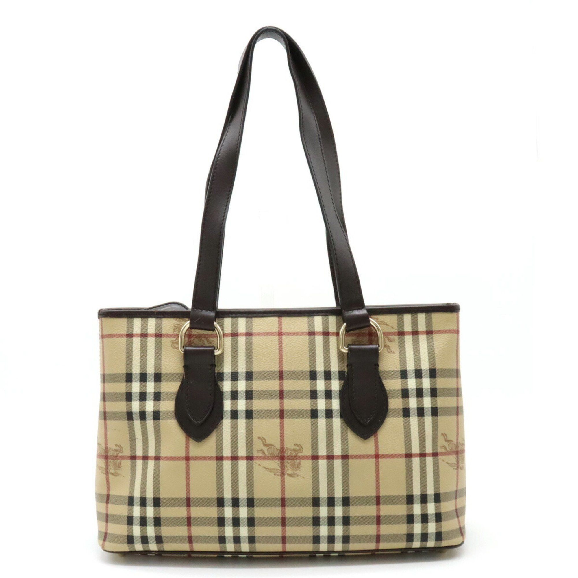 image of Burberry Nova Check Plaid Tote Bag Shoulder Pvc Leather Beige Dark Brown, Women's