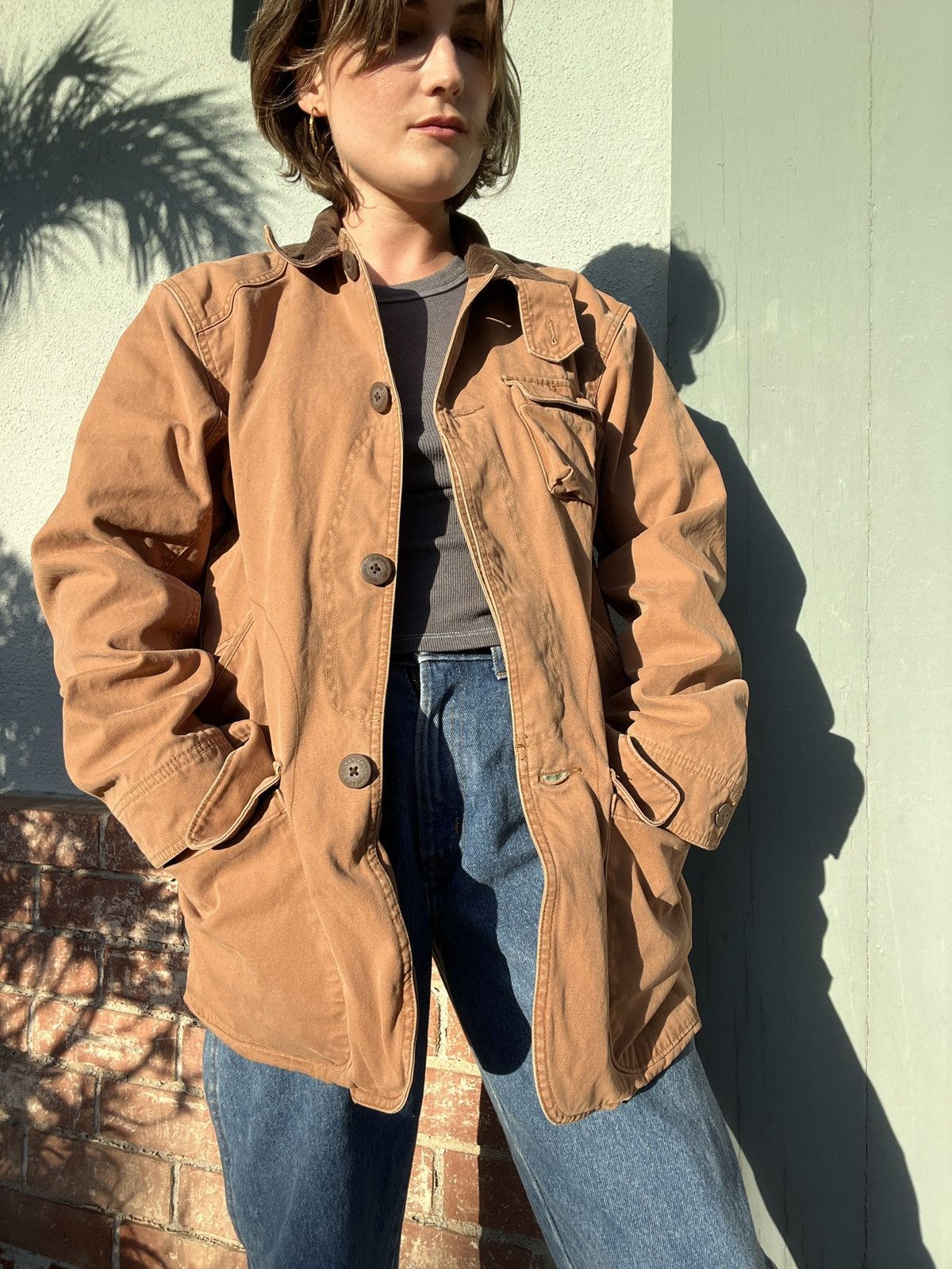 Faded warm tan canvas utility / chore jacket