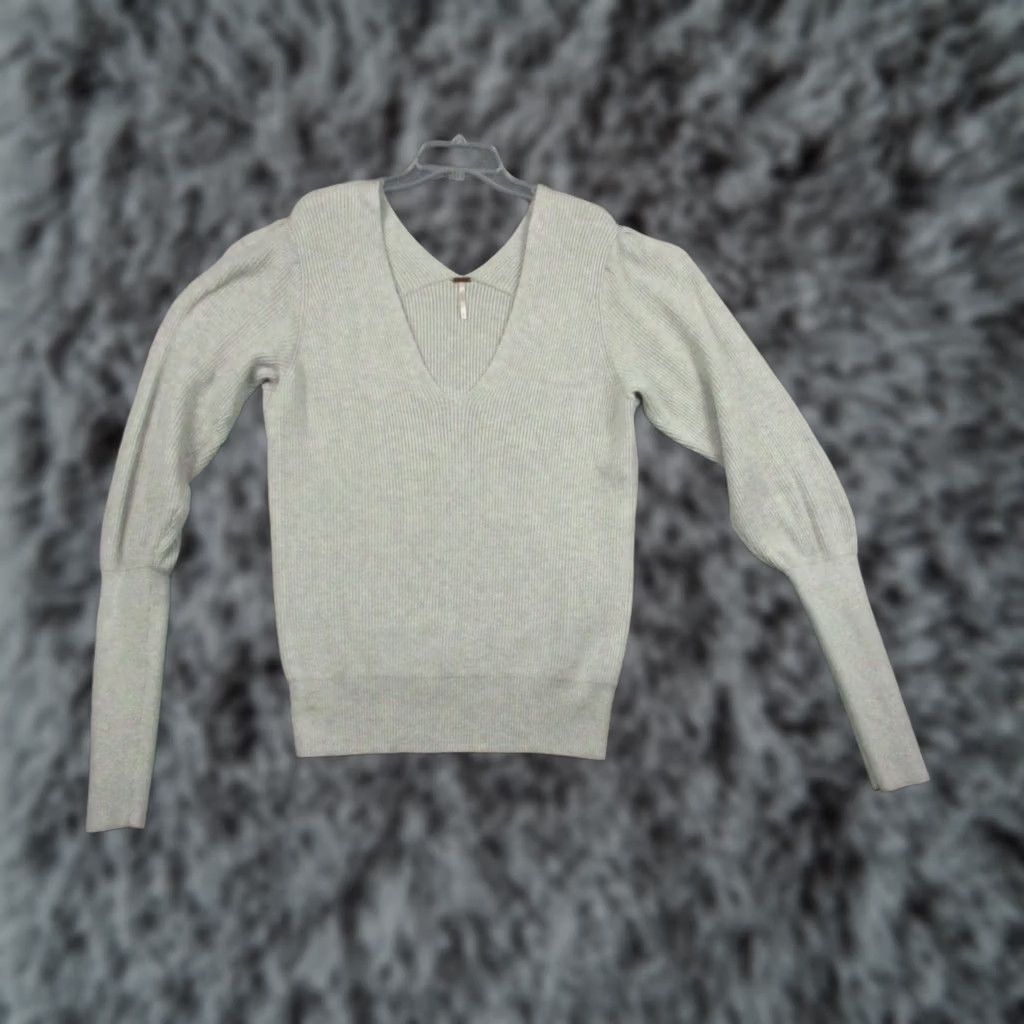 Free People Free People Sweater Puff Sleeve Gray Large Women V Neck Pullover Size L / US 10 / IT 46 - 1 Thumbnail