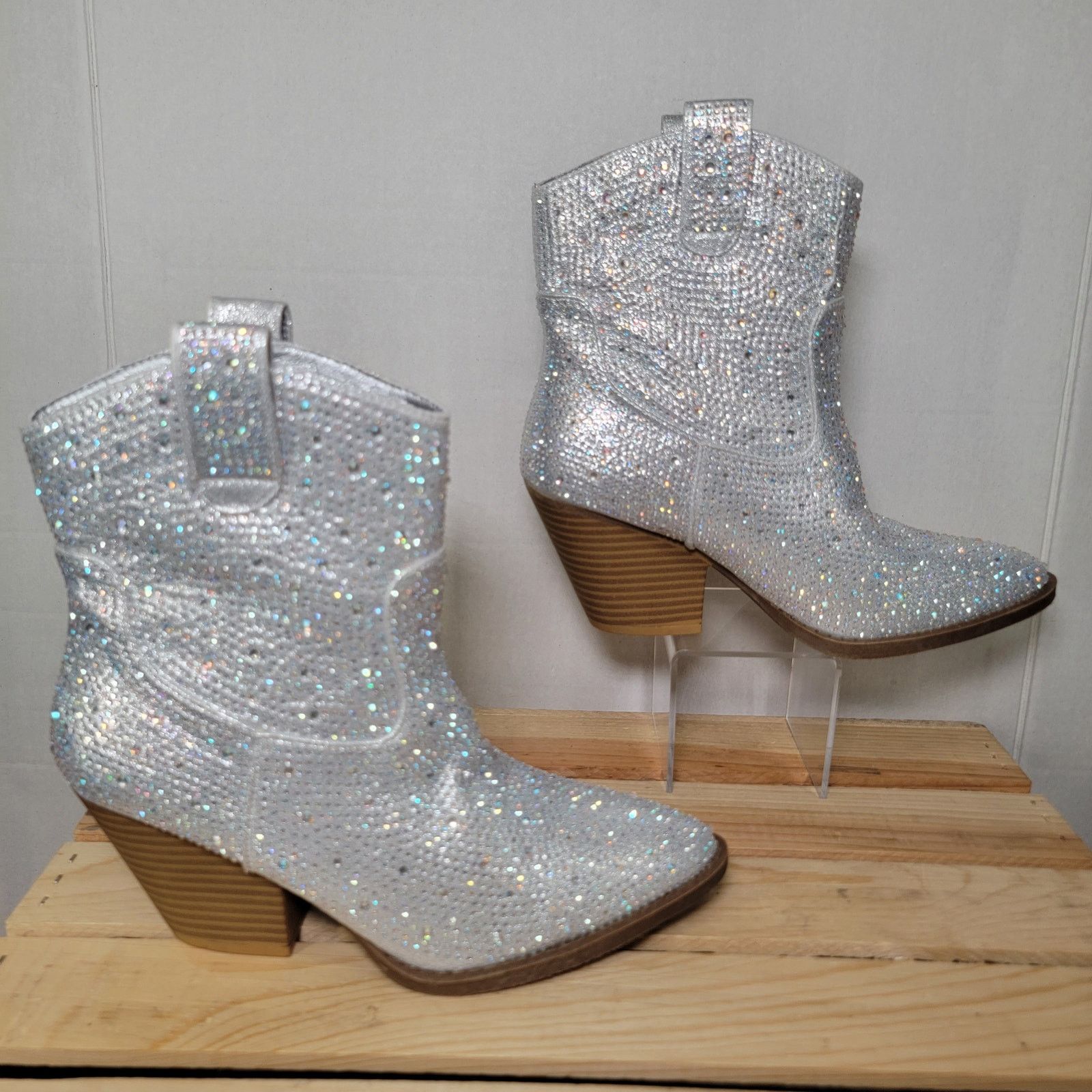 Other Forever Silver Rhinestone Cowboy Ankle Boots - Size 7 Size US 7 / IT 37 - 3 Thumbnail