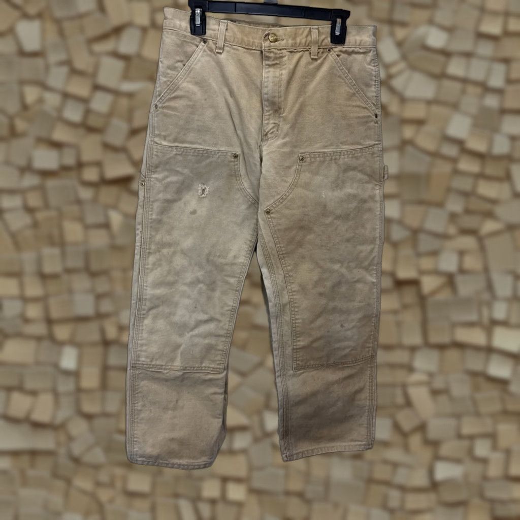 VINTAGE Carhartt Double Knee Pants Casual Workwear Tan 32 Regular Inseam 29 Men 90s Grunge USA Logo Distressed Canvas Cotton