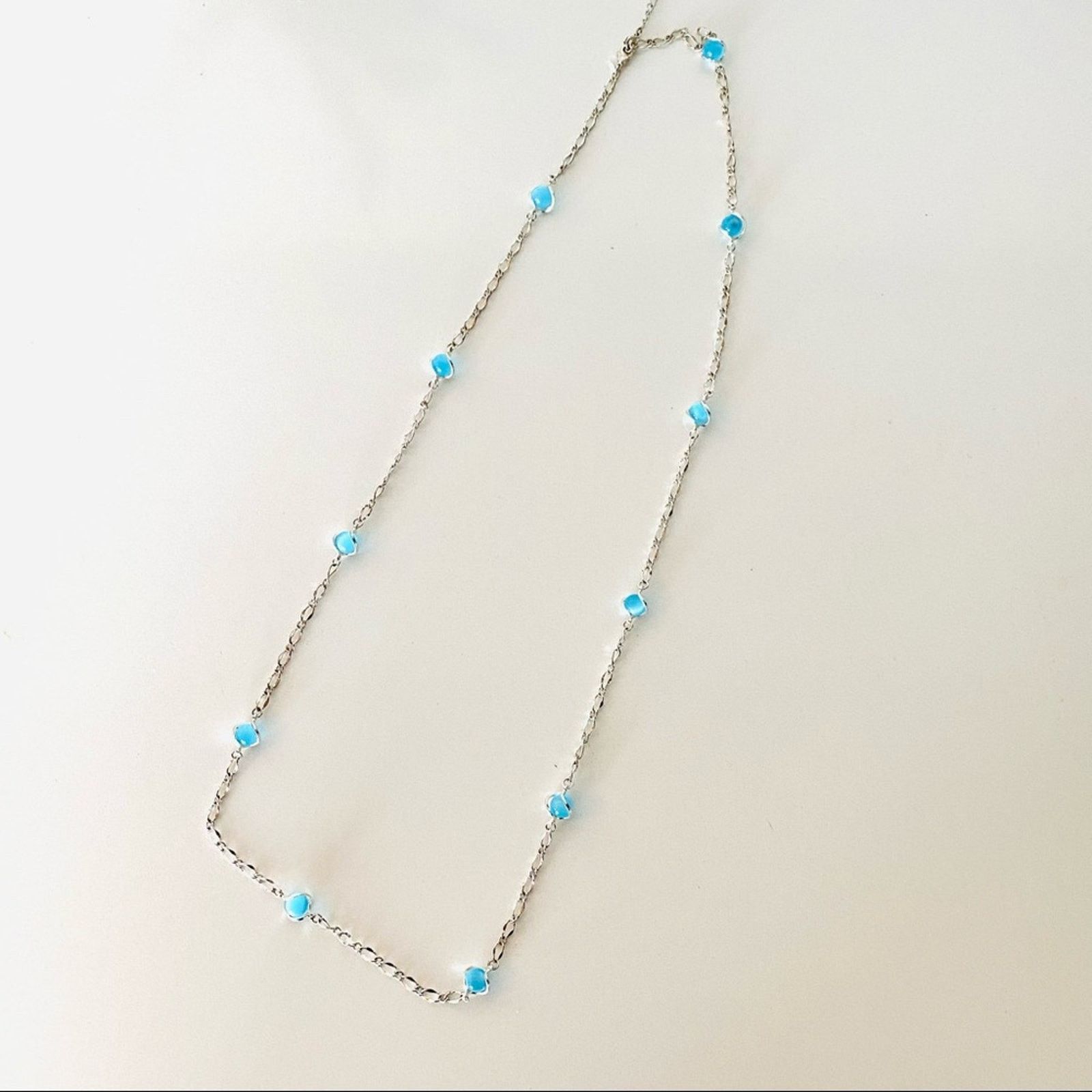 Vintage Silver Blue Circle Bead Charm Bead Necklace Jewelry, Women's
