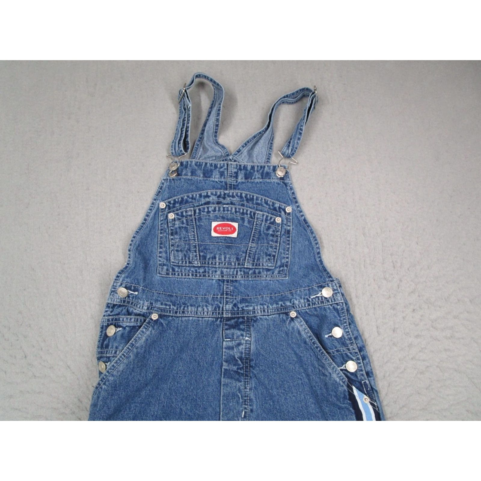 Denime VINTAGE Revolt Denim Overalls Women M Blue Bib 100% Cotton Striped Trim 90s Overall Size 32" / US 10 / IT 46 - 2 Thumbnail