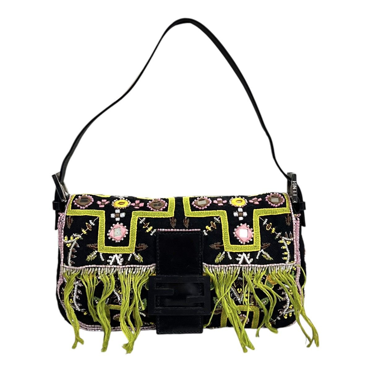 Fendi Beaded Embroidered Fringe Baguette Hand Bag in Black, Women's