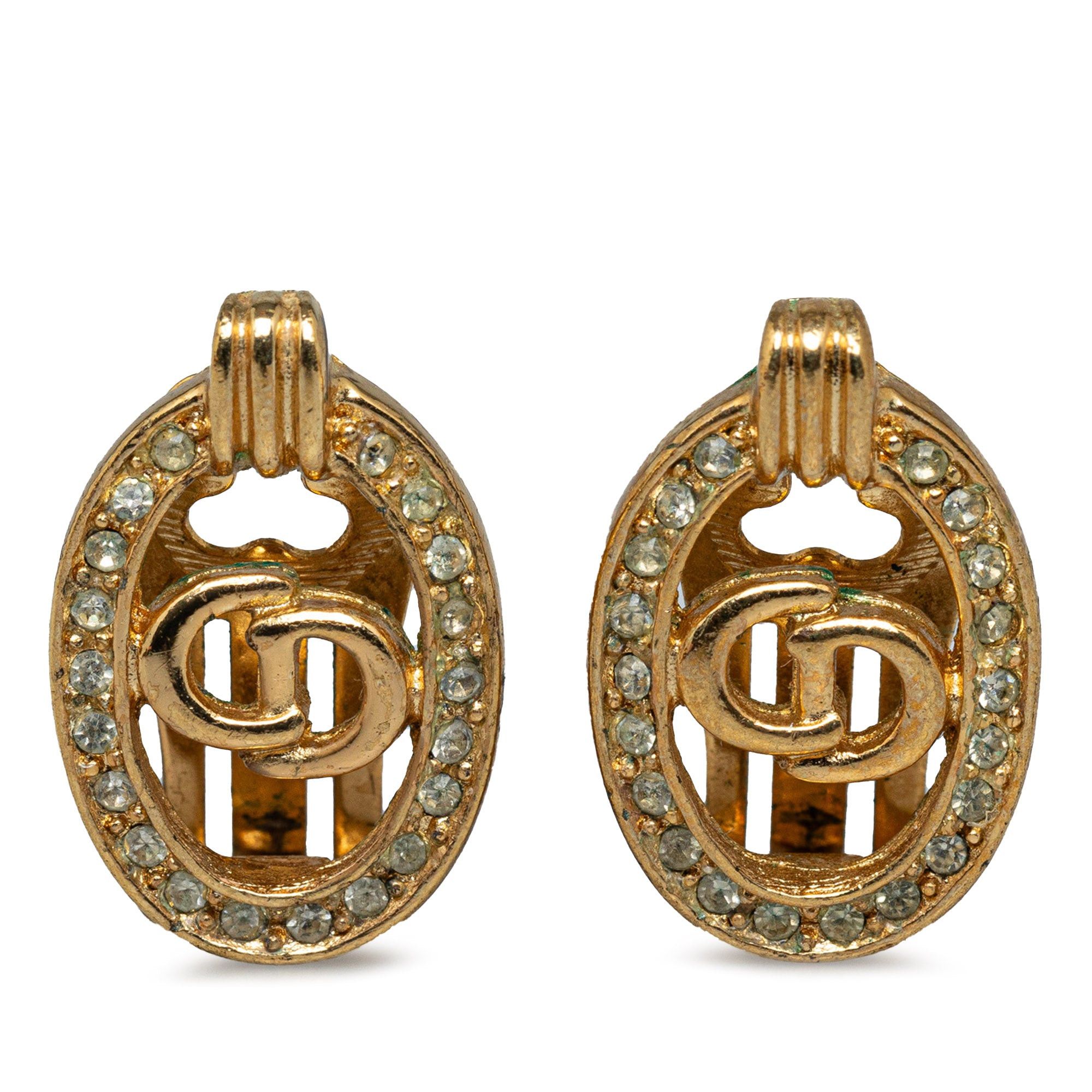 image of Dior Rhinestone Logo Clip-On Earrings Costume Earrings in Gold, Women's