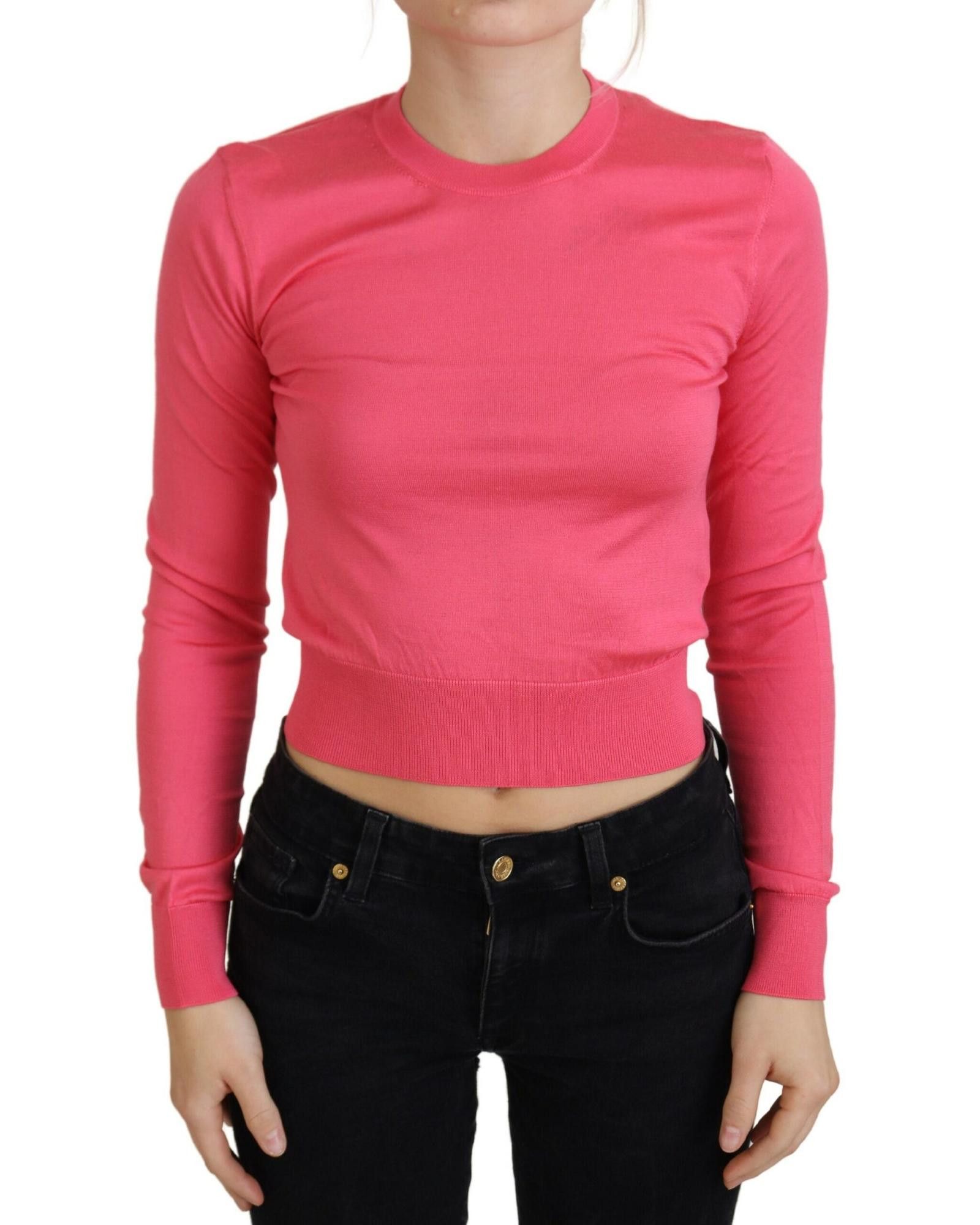 image of Dolce Gabbana Silk Cropped Crewneck Pullover Sweater in Pink, Women's (Size XS)