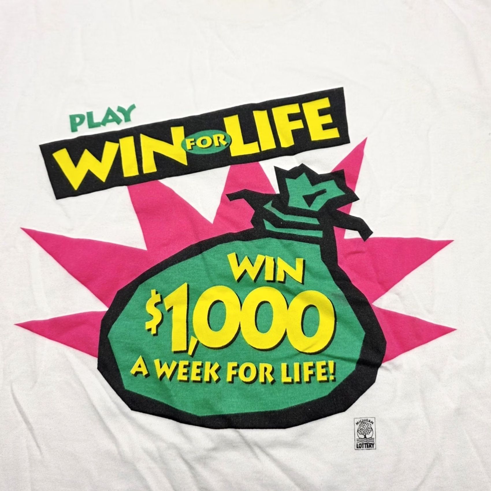 Fruit Of The Loom VINTAGE Michigan Lottery Promo Win For Life Single Stitch Shirt Mens XL 90s Size US XL / EU 56 / 4 - 4 Thumbnail