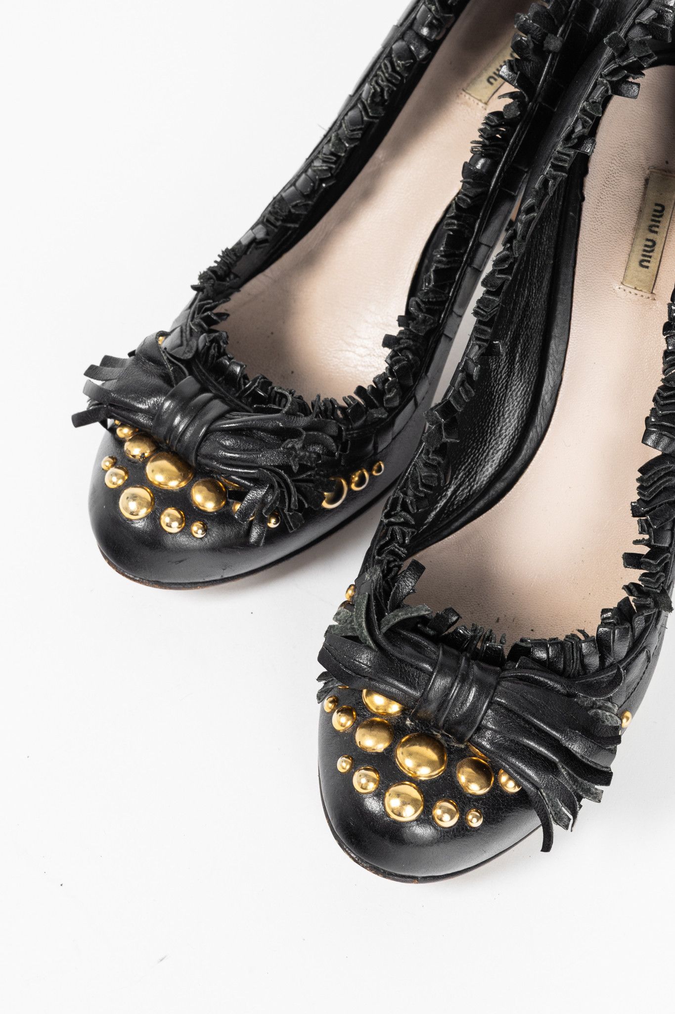Miu Miu Miu Miu Black Leather Fringe-Trim Studded Bow Heels Size US 6 / IT 36 - 6 Thumbnail
