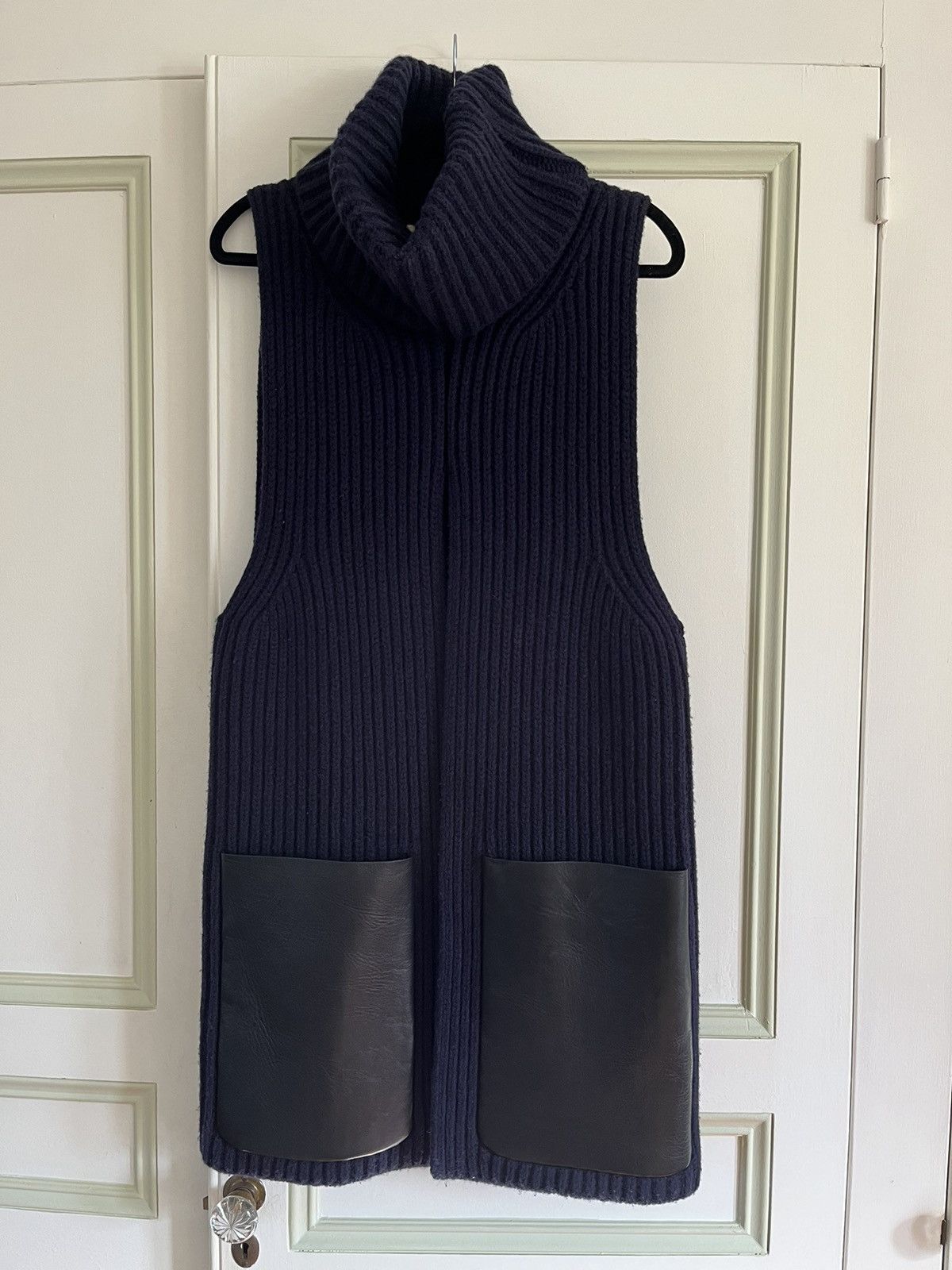 image of Celine By Phoebe Philo Sweater With Leather Pockets in Navy, Women's (Size Small)