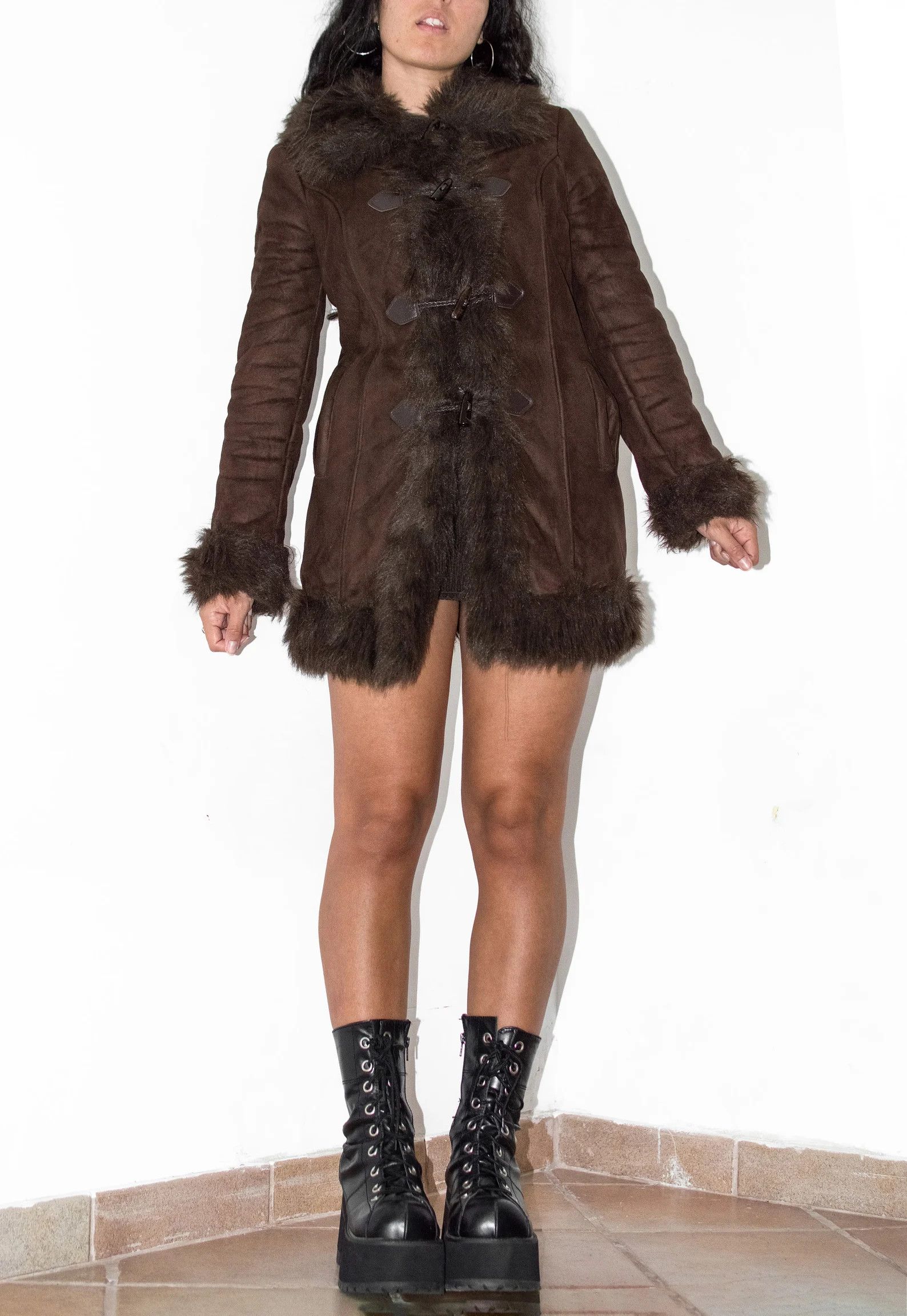 Y2k Vintage Faux Fur Trim Afghan Coat in Brown