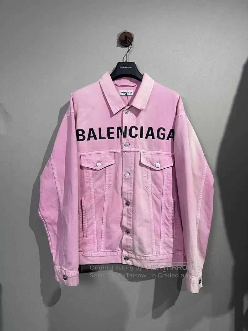 Balenciaga Pink Embroidered Lettering Denim Jacket