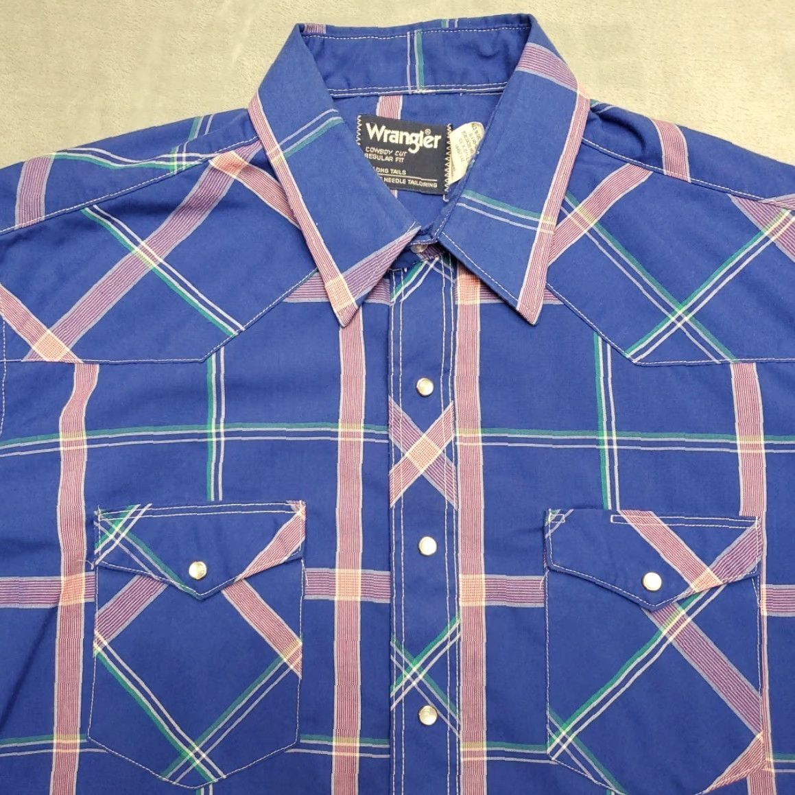 Wrangler VTG Wrangler Shirt Mens 17.5 x 35 Extra Long Tails Blue Plaid Pearl Snap Western Shirt Mens XS? Size US XXL / EU 58 / 5 - 4 Thumbnail