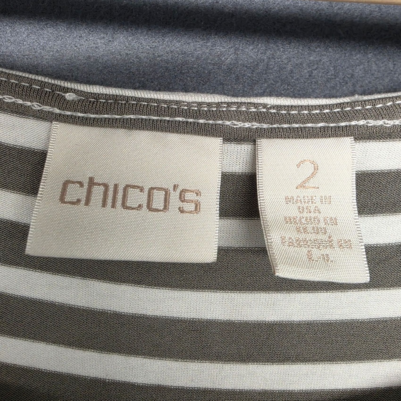Vintage Chicos Dress Green White Striped Asymmetrical Hem Dress Women L Regular Midi Stretch, 2 US, Fit & Flare, Womens Size L / US 10 / IT 46 - 3 Thumbnail