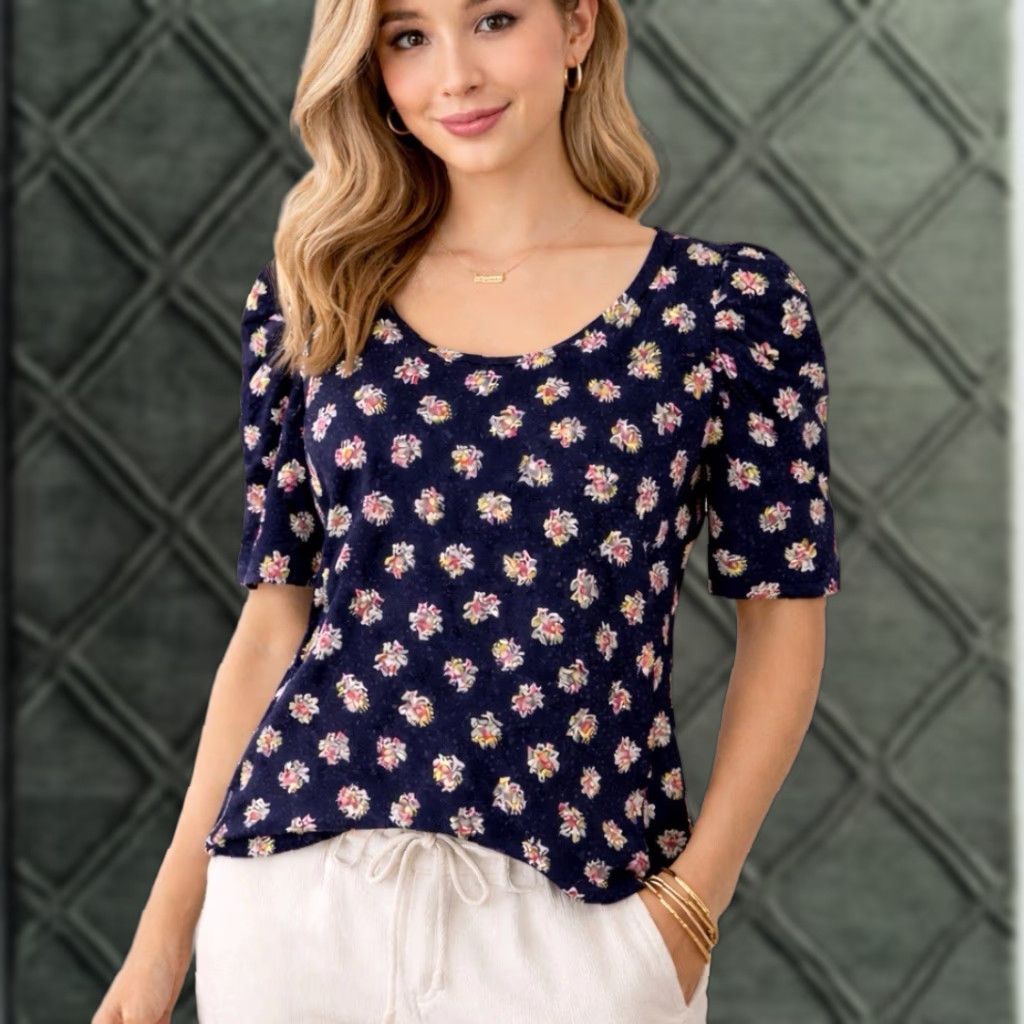 Loft VINTAGE LOFT Top TShirt M Floral Navy Blue Short Puff Sleeve Soft Dainty Pink Size M / US 6-8 / IT 42-44 - 1 Thumbnail