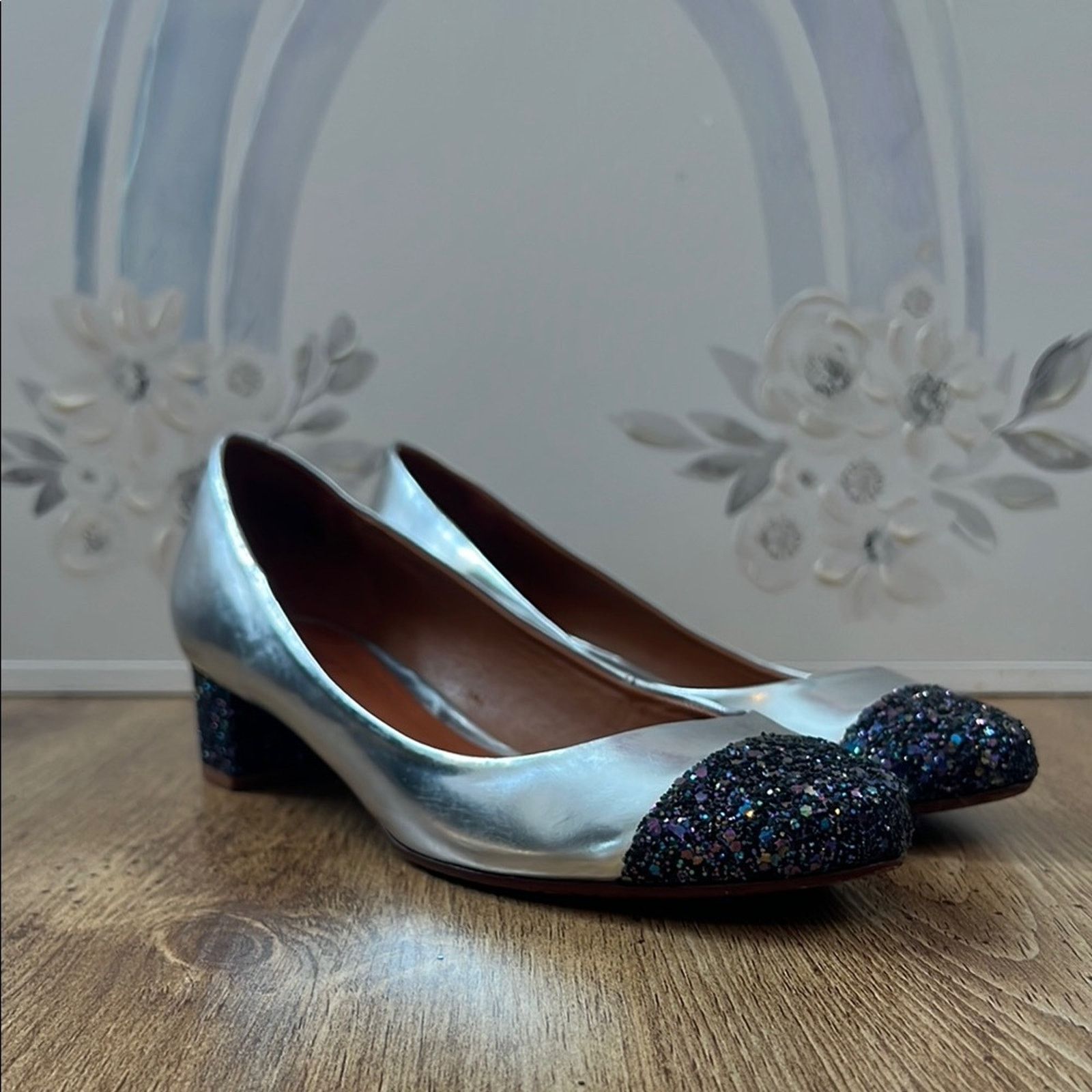 SCHUTZ Schultz Silver Glitter Block Heels Size US 9 / IT 39 - 1 Thumbnail