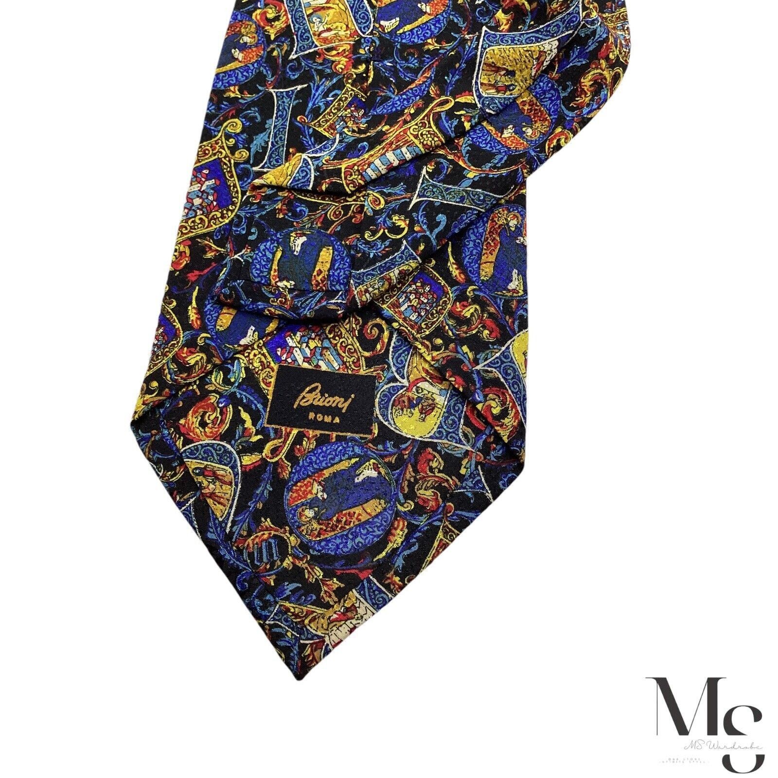 BRIONI Blue Medieval Monogrammed Print Silk Tie Made In Ital
