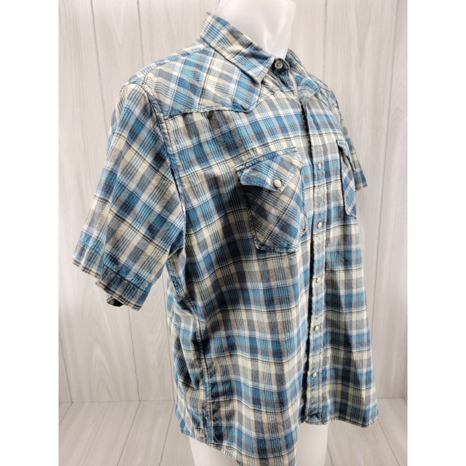 Lucky Brand Lucky Brand Mens Shirt XL Blue Tan Plaid Pearl Snap Western Short Sleeve Size US XL / EU 56 / 4 - 4 Thumbnail
