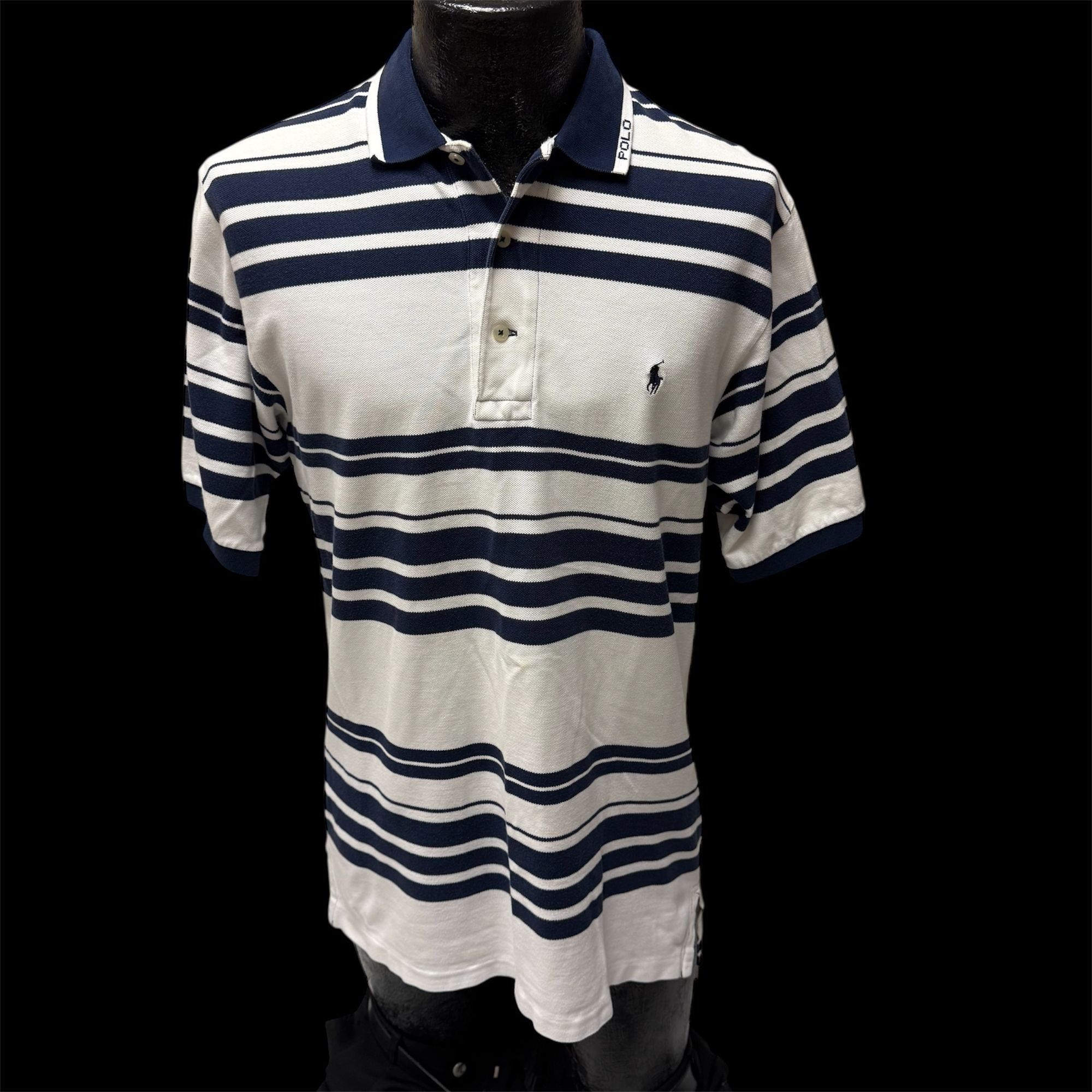 Polo Ralph Lauren Y2K White Blue STRIPE Polo SPELLOUT Pony Logo Golf Shirt M Size US M / EU 48-50 / 2 - 2 Thumbnail