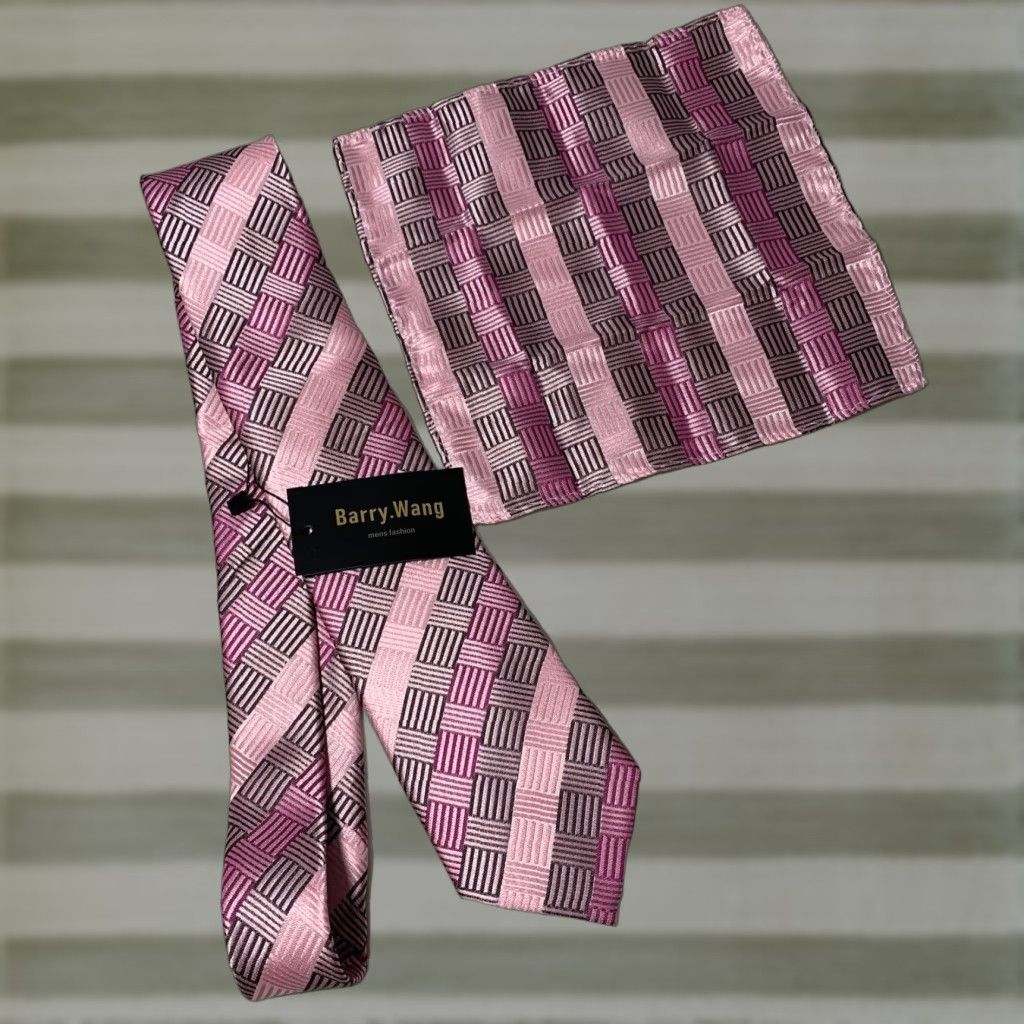 Vintage Barry Wang Designer Tie Set Men's Necktie Handkerchief Gray Pink 100% Silk NEW Size ONE SIZE - 1 Thumbnail