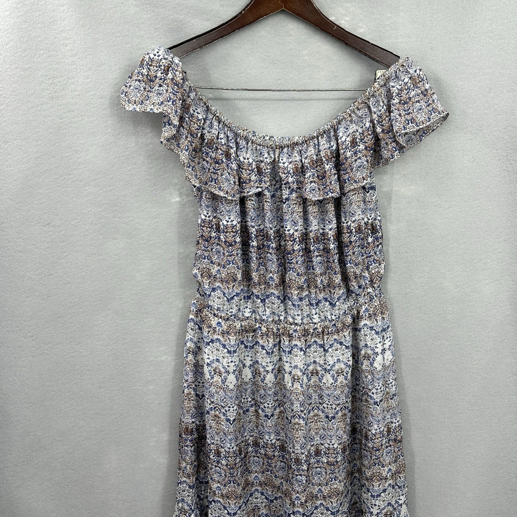 L'AGENCE L'AGENCE Floral Silk Dress Women Large Off Shoulder Ruffle Casual Blue A-Line Bohemian Size L / US 10 / IT 46 - 2 Thumbnail