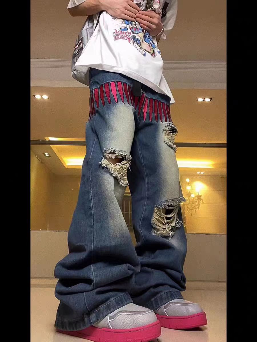 Japanese Brand Street hip hop bullet embroidery ripped wide leg jeans Size US 30 / EU 46 - 4 Thumbnail