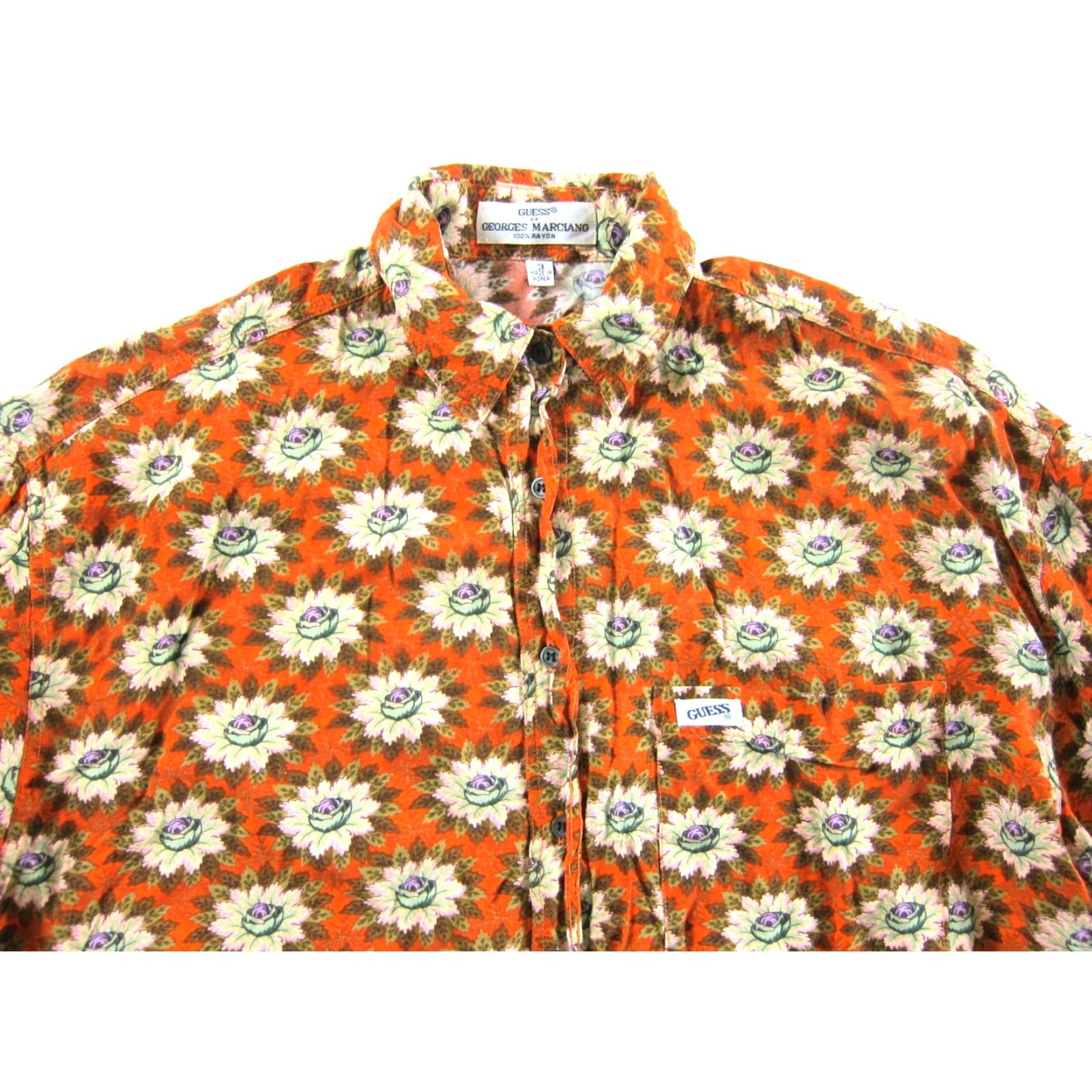 Guess VINTAGE GUESS Blouse Collared Floral 100% Rayon Orange Green Long Sleeve L Womens Size L / US 10 / IT 46 - 3 Thumbnail