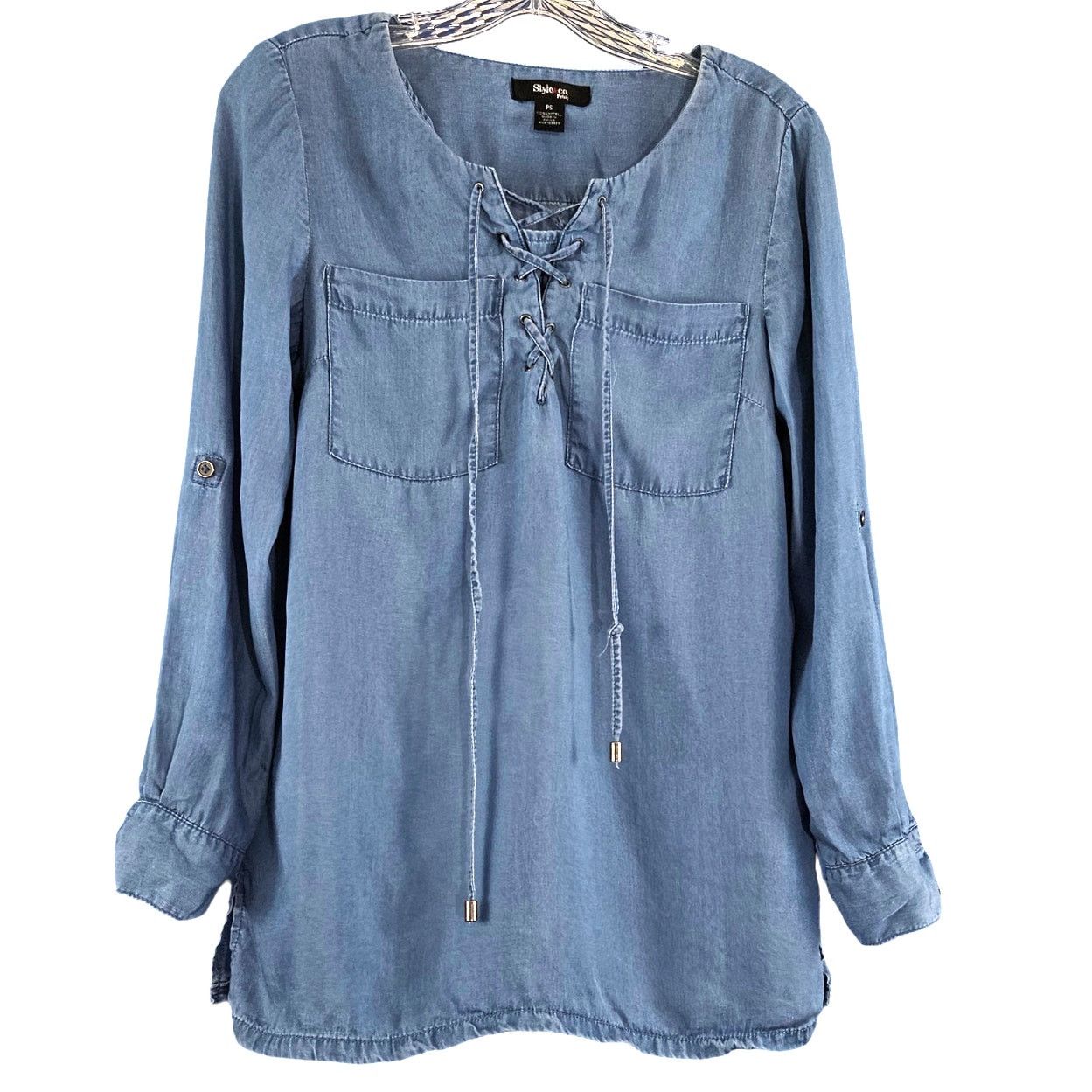 Other Style & Co. Chambray Pullover Lace Up Blouse Petite Small Size S / US 4 / IT 40 - 1 Thumbnail