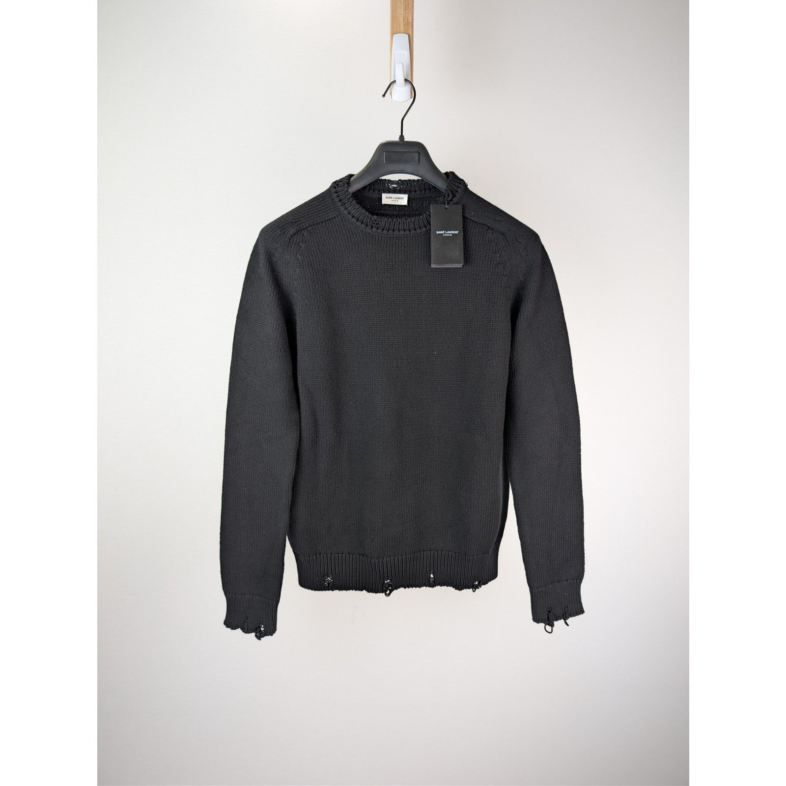 Saint Laurent Paris o1rshd1 Distressed Cotton Knit Crew-Neck Sweater in Black Size US M / EU 48-50 / 2 - 1 Thumbnail