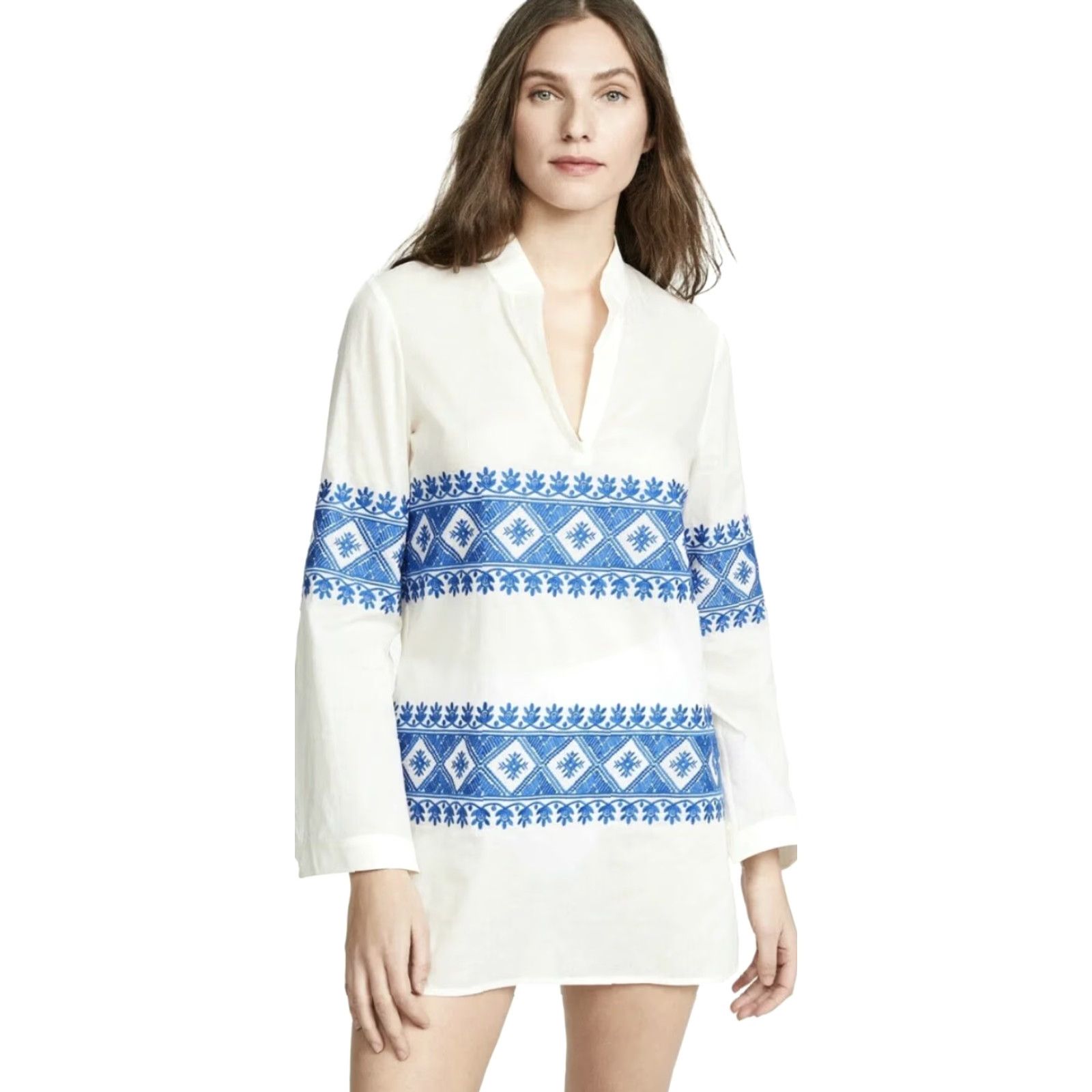 Tory Burch Tory Burch Blouse Tunic Top XS Ivory Blue Embroidered Stephanie Geometric Long Sleeve Women Size XS / US 0-2 / IT 36-38 - 7 Thumbnail