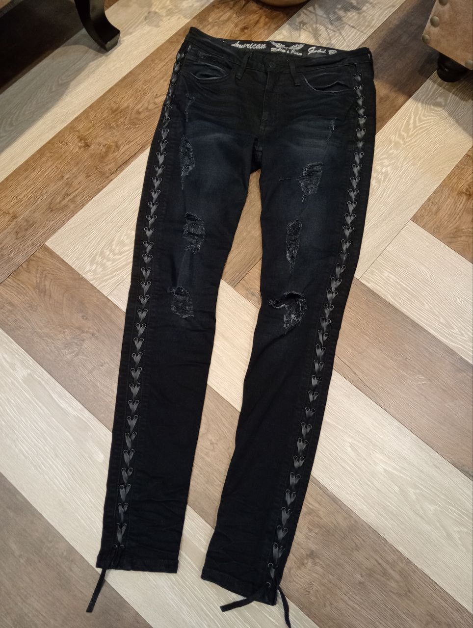 Robins Jeans ROBIN'S JEAN BLACK RIPPED FINISH LACE UP STRETCH SKINNY PANT Size 28" / US 6 / IT 42 - 3 Thumbnail