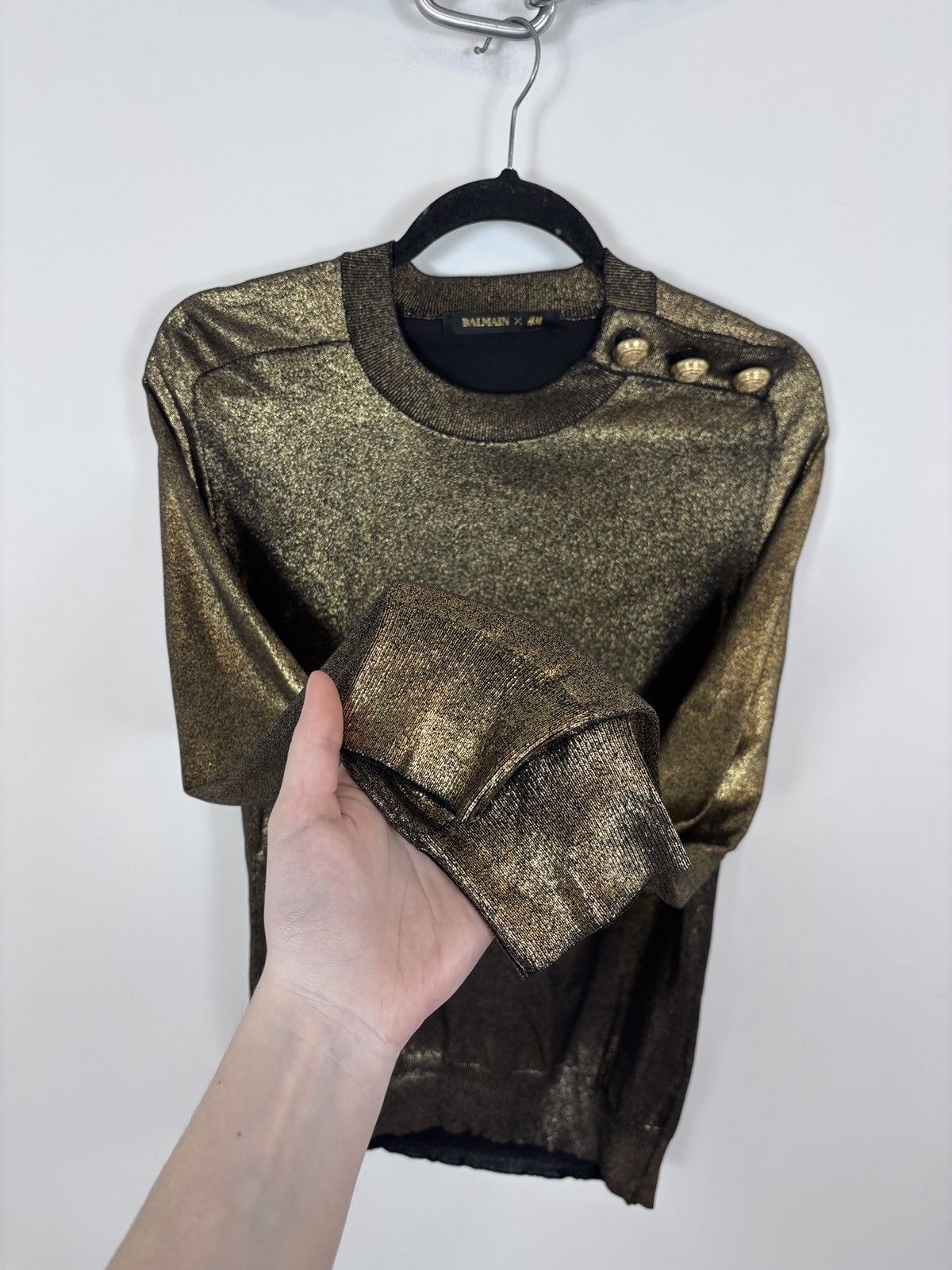 Balmain × H&M Balmain x H&M Women’s Gold Metallic Shimmer Sweater Size L / US 10 / IT 46 - 7 Thumbnail