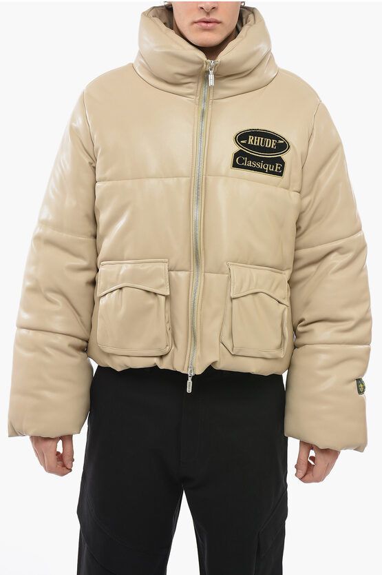 image of Rhude Classique Eco-Leather Padded Jacket With Terry Details in Beige, Men's (Size Large)