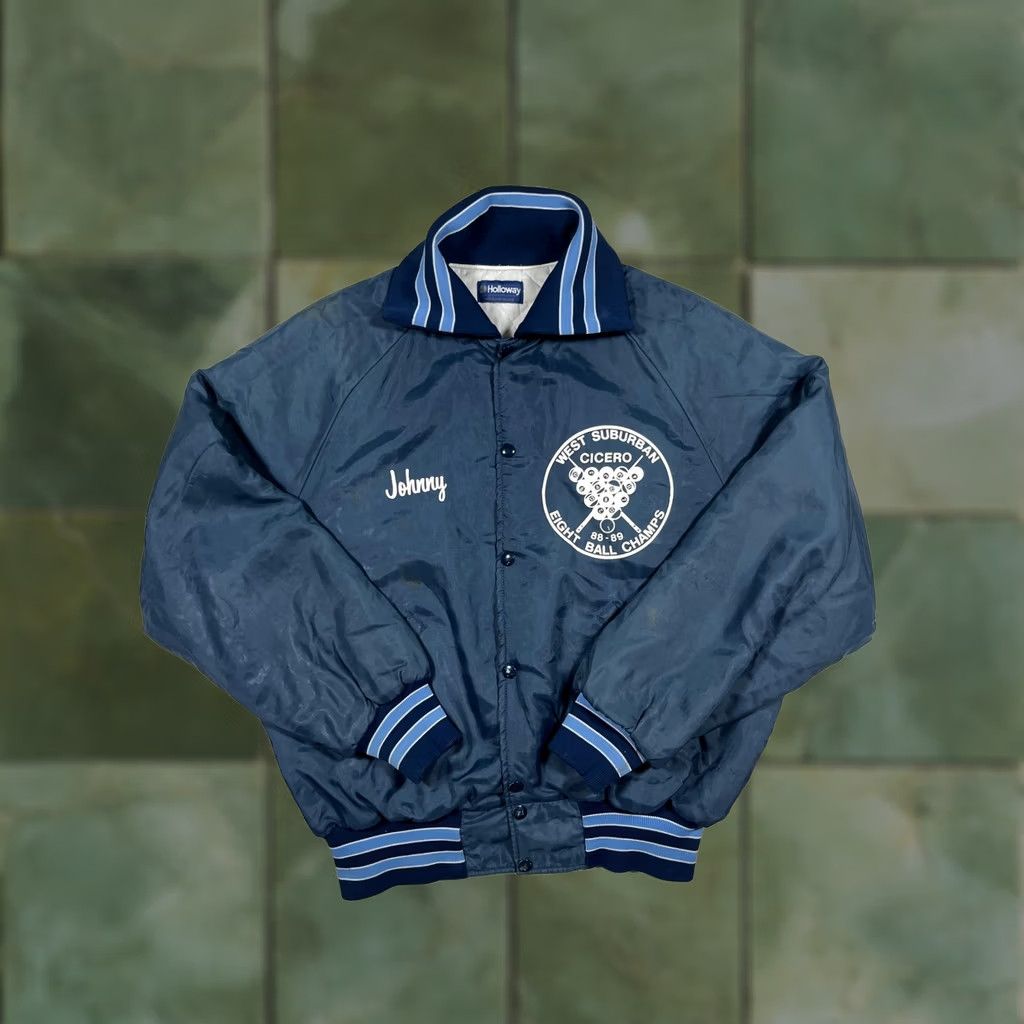 Holloway VINTAGE Holloway Jacket Mens L Blue Satin Varsity Eight Ball Champs 80s USA Nylon Quilted Lined Snap Front Sports Size US L / EU 52-54 / 3 - 1 Thumbnail