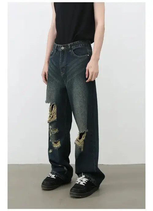 Jean American high street retro men's straight loose ripped jeans Size US 32 / EU 48 - 4 Thumbnail