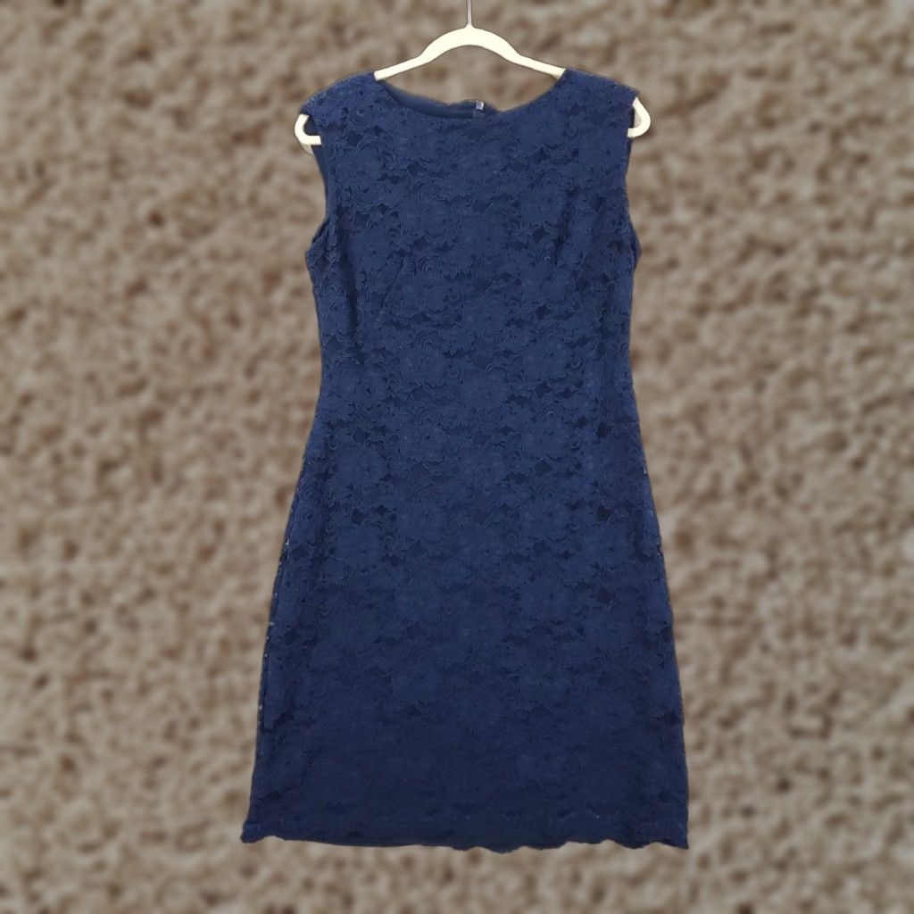 Ralph Lauren Ralph Lauren Dress Womens 10 Blue Embroider Floral Lace Knit Lined Zip Back Sleeveless Cap Sleeve Knee Length Vintage No Size L / US 10 / IT 46 - 1 Thumbnail
