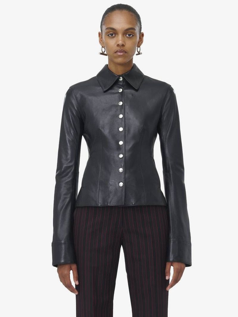 Alexander McQueen o1srvl11e0226 Leather Shirt In Black Size XL / US 12-14 / IT 48-50 - 2 Thumbnail