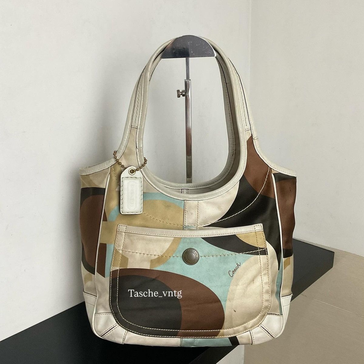 Coach Coach Ergo Optics blue brown tan scarf print shoulder tote 