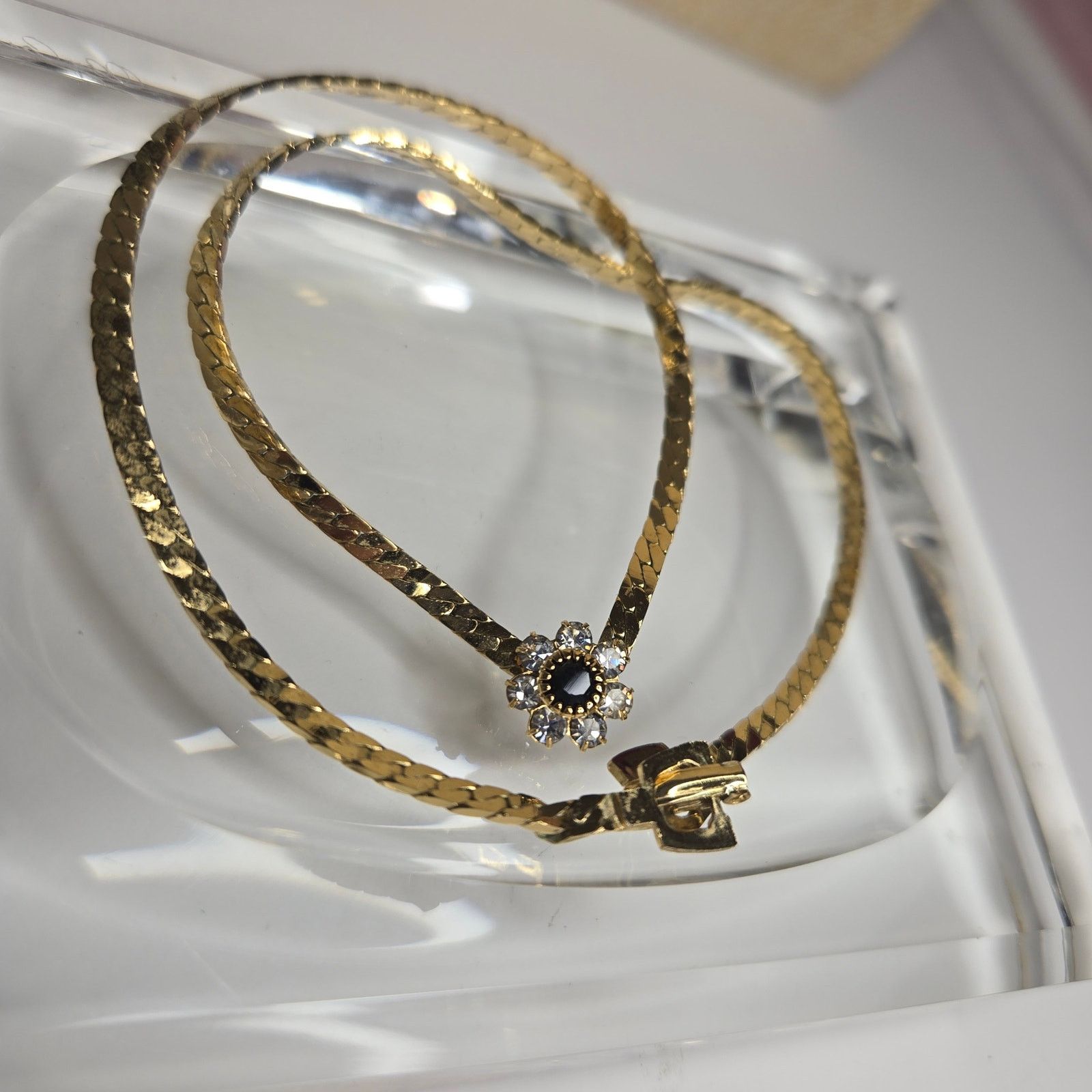 Vintage Vintage Gold Tone Rhinestone Flower Choker Herringbone Chain Size ONE SIZE - 1 Thumbnail